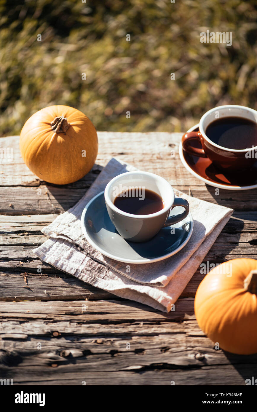 Autumn outdoor coffee picnic. Coffee cups, cute little pumpkin on the old table background Stock Photo