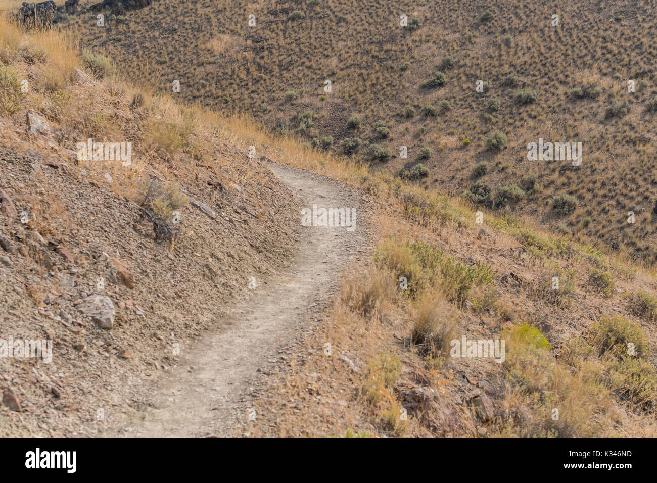 Dry Trail Bends Around Desert Hill in summer Stock Photo