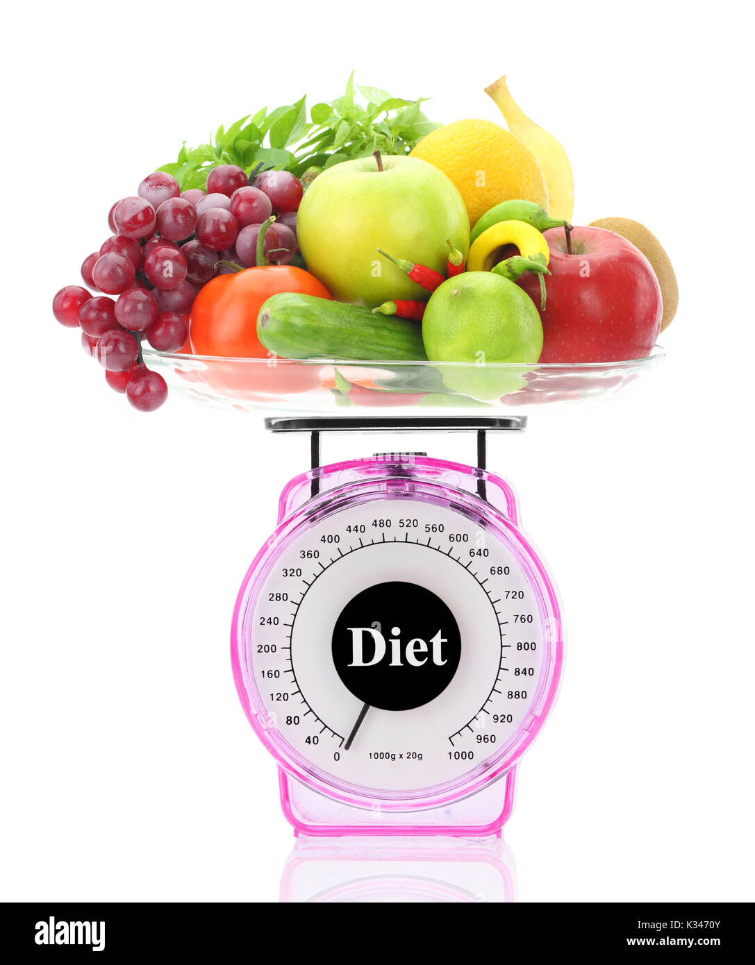 Healthy food weight scale as nutritious fruit vegetables and protein shaped  as a measuring dial needle as a diet control concept Stock Photo - Alamy