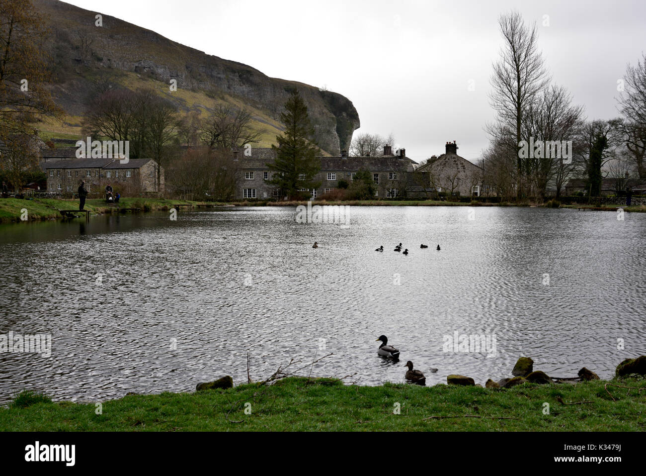 Trout Fishing at Kilnsey Trout farm ,Kilnsey Crag, Yorkshire Dales National Parks Stock Photo