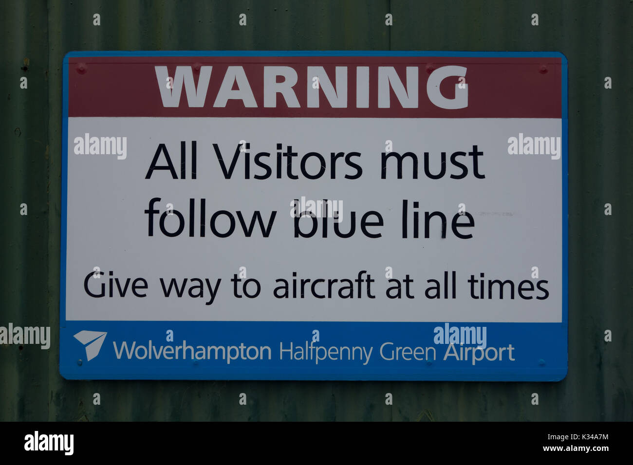warning beware of aircraft sign Wolverhampton Halfpenny Green Airport. UK Stock Photo