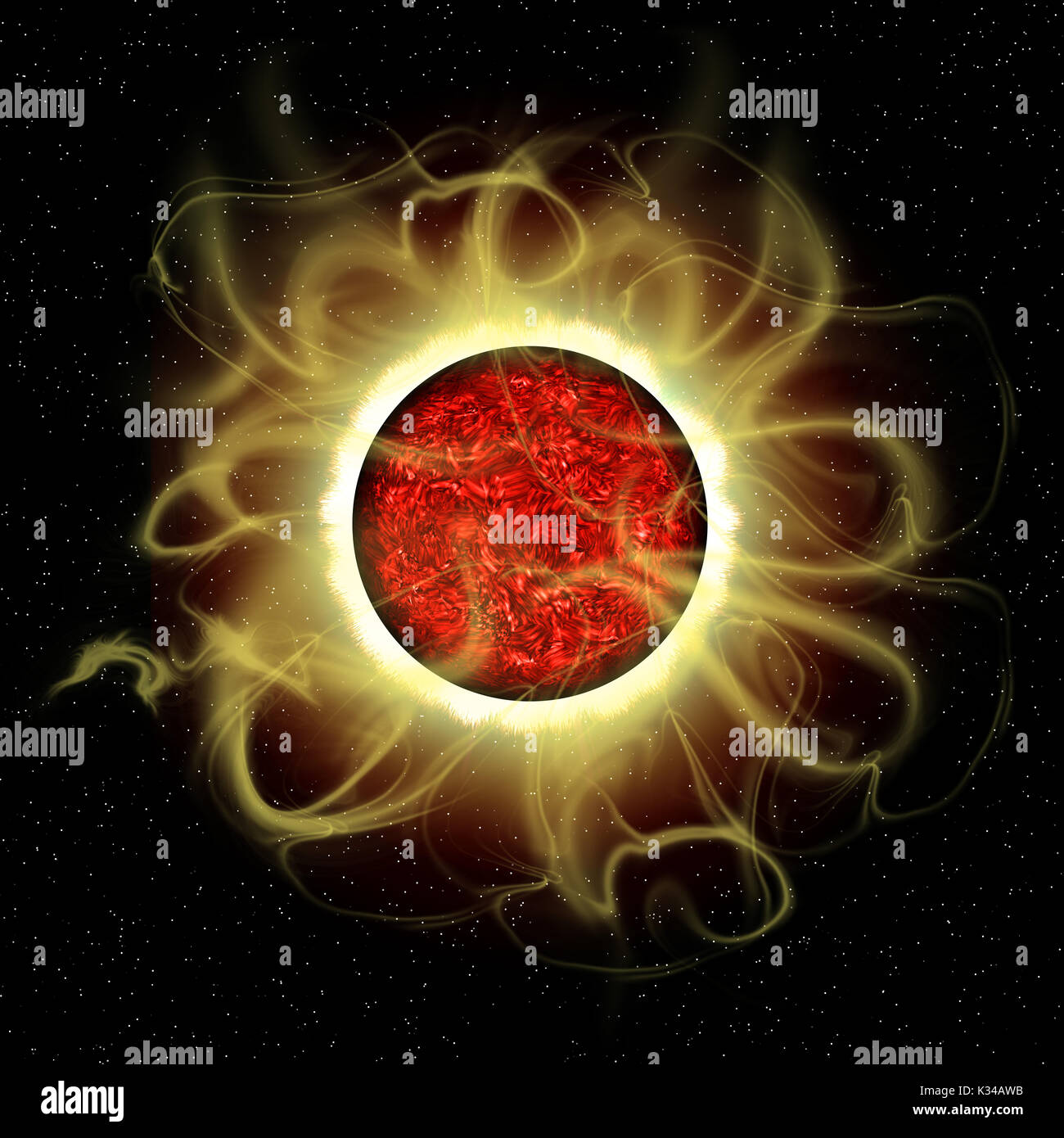 The sun is a molten composite of metals and gases and every 11 years there is a cycle of solar flare activity caused from disruption of magnetic field Stock Photo