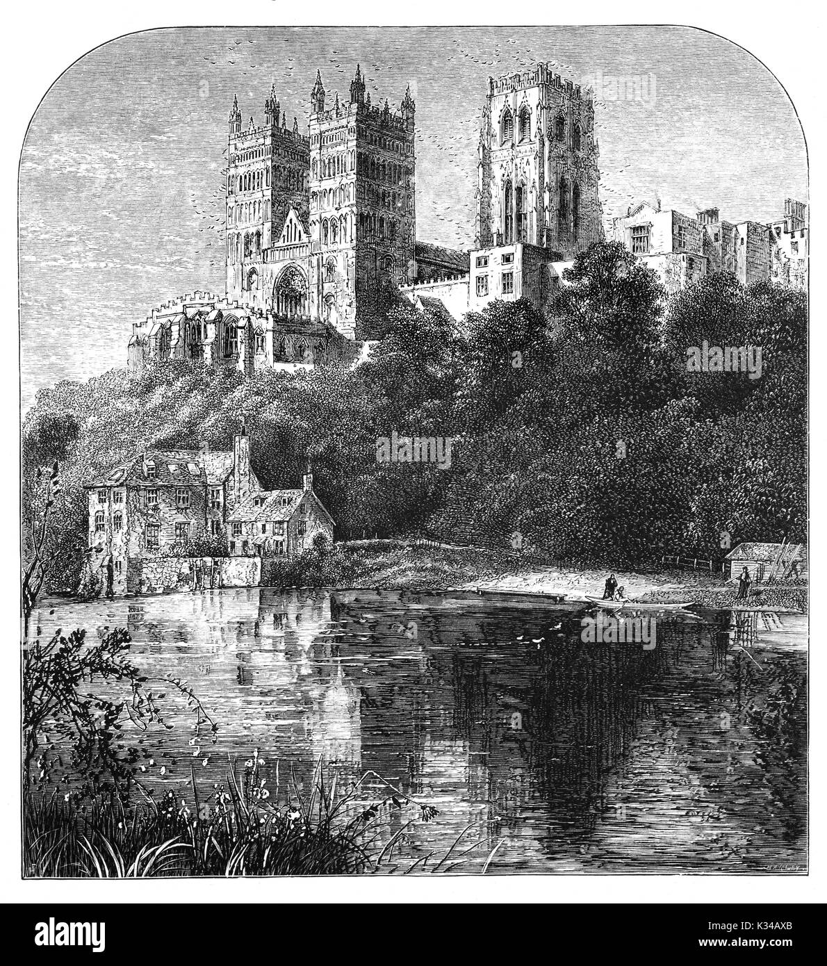 1870: The Cathedral Church of Christ, Blessed Mary the Virgin and St Cuthbert of Durham, usually known as Durham Cathedral and home of the Shrine of St Cuthbert, from across the River Wear. The cathedral dates from AD1093 and is regarded as one of the finest examples of Norman architecture and has been designated a UNESCO World Heritage Site, County Durham, England Stock Photo