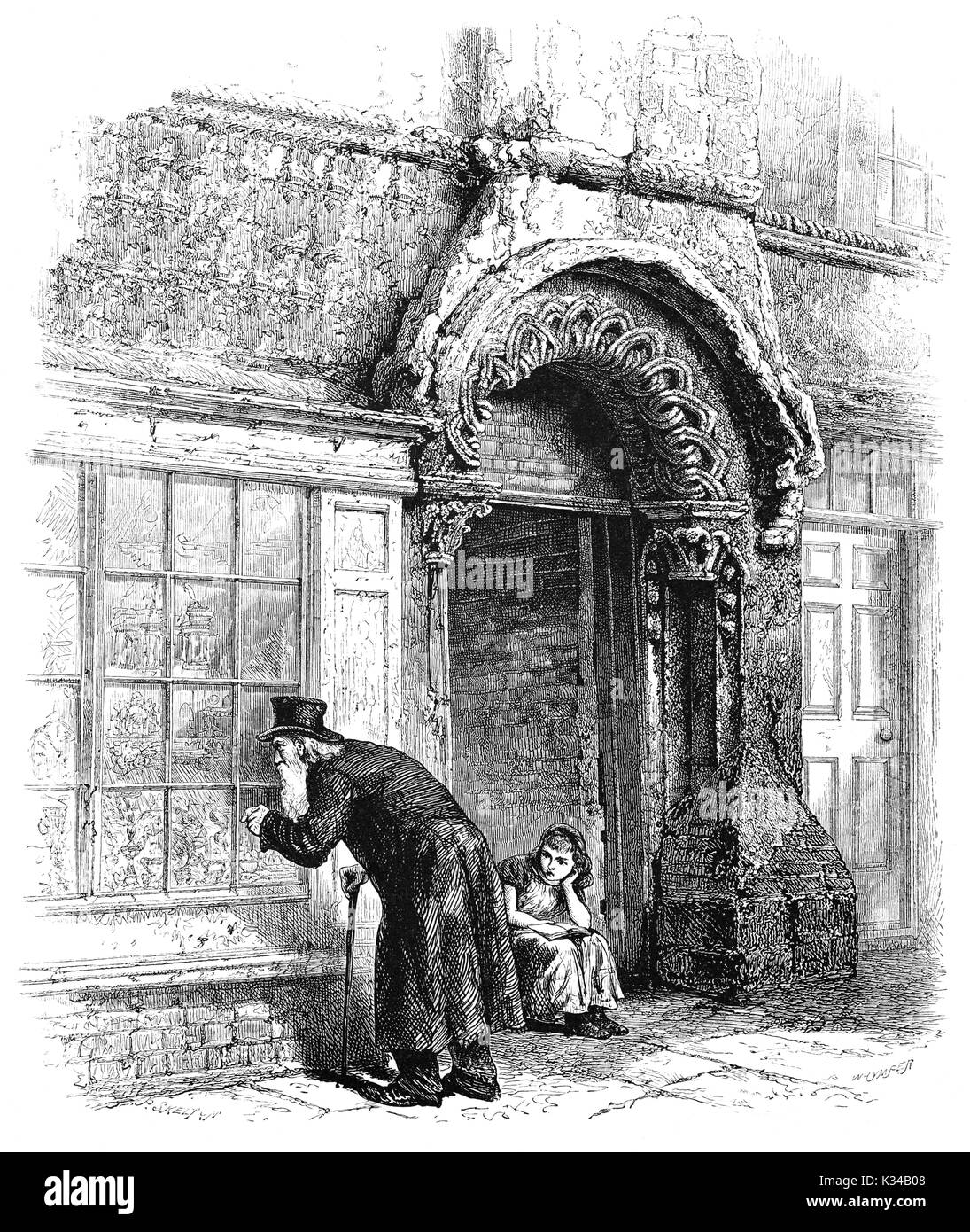 1870: An old man peering through the window of the Jew's House, built in the 12th Century one of the earliest extant town houses in England. It is situated on Steep Hill in Lincoln, immediately below Jew's Court.  The house has traditionally been associated with the thriving Jewish community in Medieval Lincoln. Following Anti-Semitic hysteria in the 13th Century the entire Jewish community was expelled from England, and the Jew's House was supposedly being seized from a Jewish owner. Lincolnshire, England Stock Photo