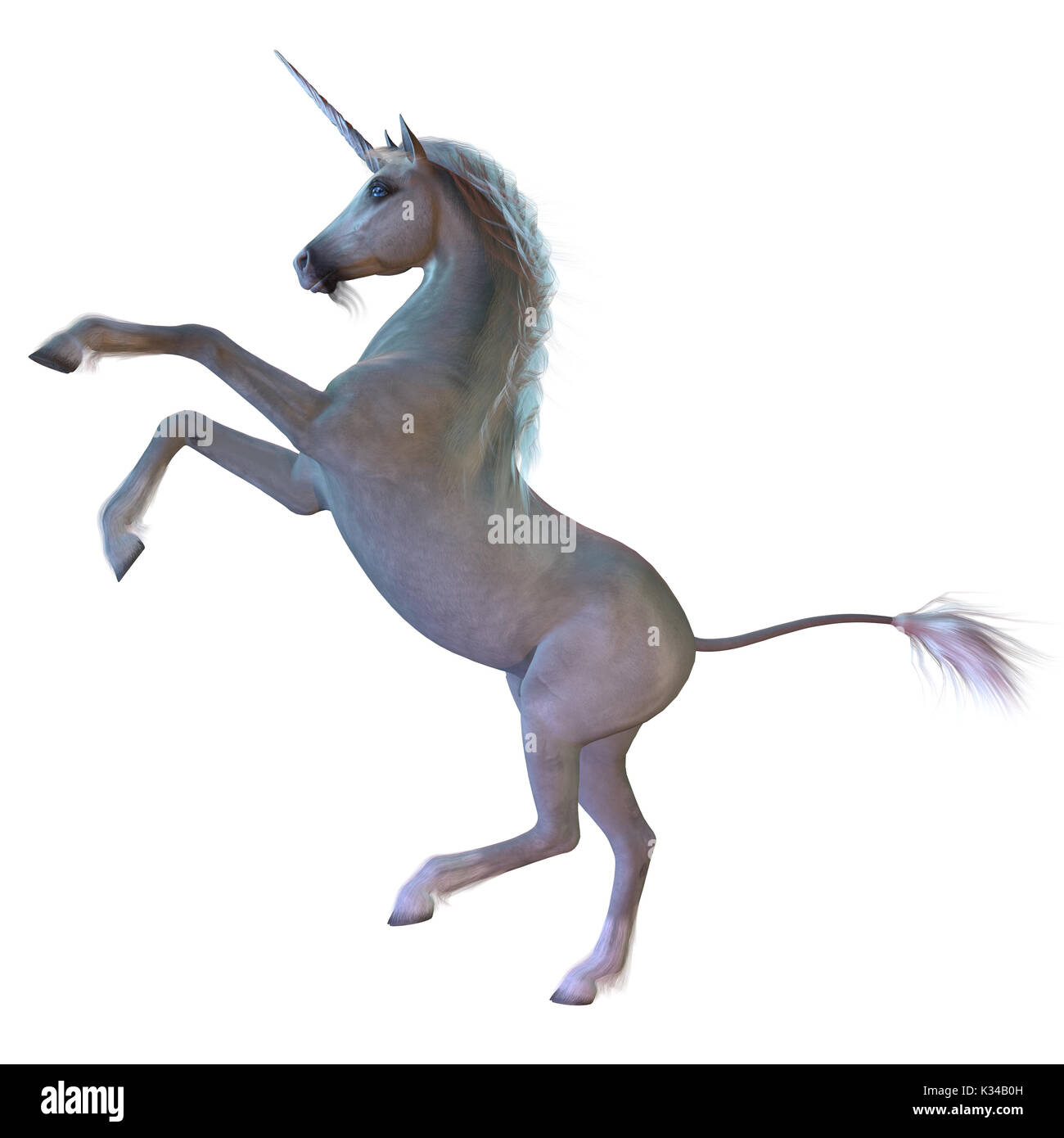 A Unicorn is a white magical horse with cloven hoofs, a forehead horn and a beard and is a creature of mythology. Stock Photo