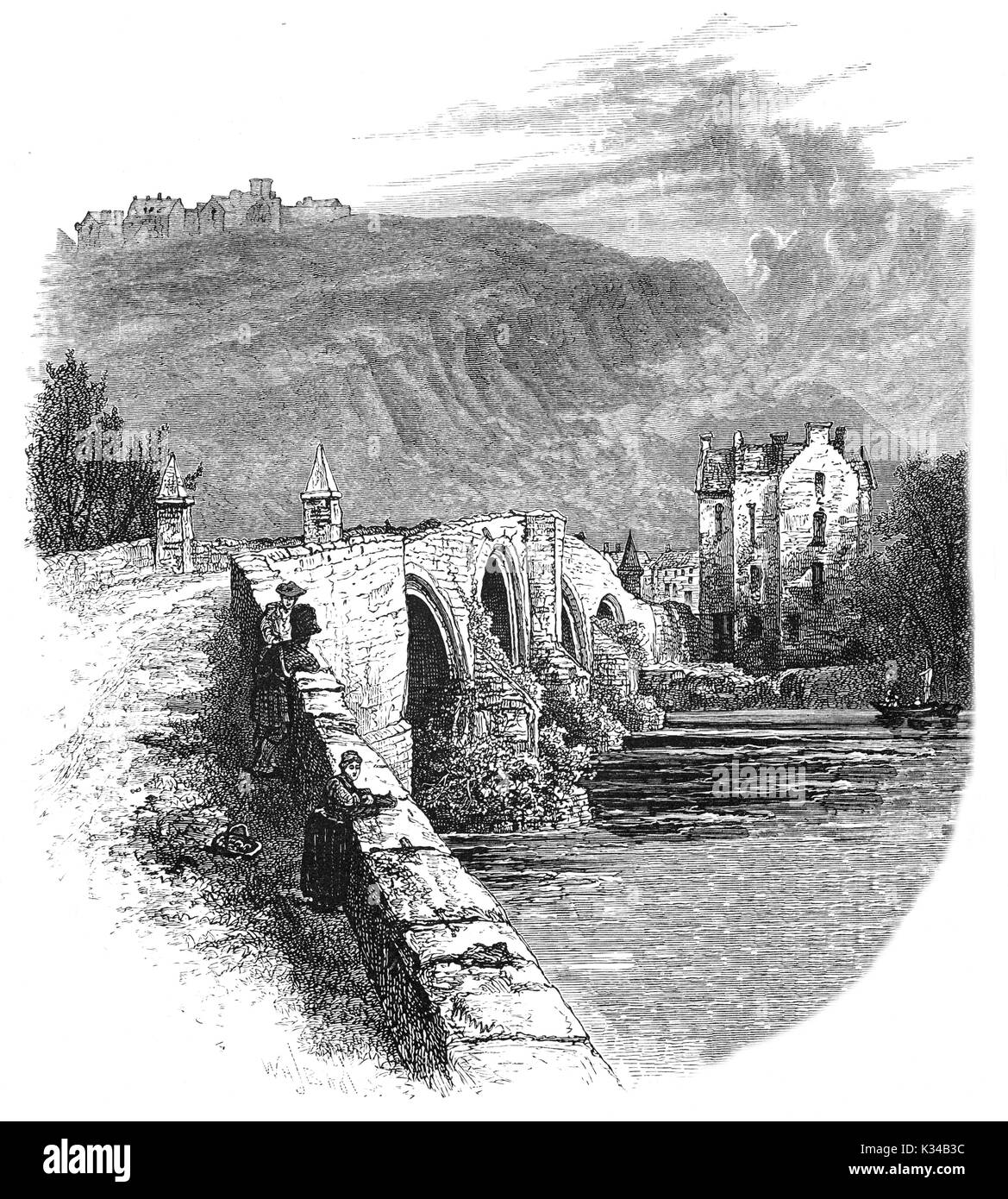 1870: Stirling Bridges built in the 15th or 16th Century, replaced a succession of timber bridges is the site of a battle during the First War of Scottish Independence. On 11 September 1297, the forces of Andrew Moray and William Wallace defeated the combined English forces of John de Warenne, 6th Earl of Surrey, and Hugh de Cressingham near Stirling, on the River Forth, Stirling, Scotland Stock Photo