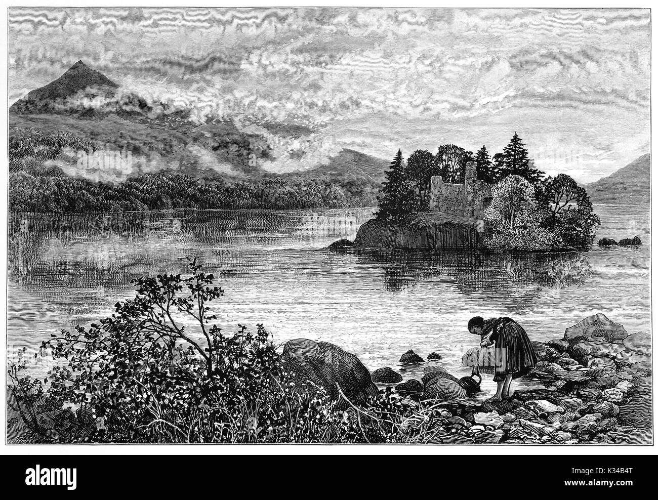 1870: A woman collecting water from Loch Lomond. Behind are the ruins of a castle dated to the 15th Century on Inveruglas Isle. It  was once home to the chiefs of the Clan MacFarlane, destroyed in the seventeenth century by Oliver Cromwell's Roundhead troops.  West Dunbartonshire, Stirling, Scotland. Stock Photo