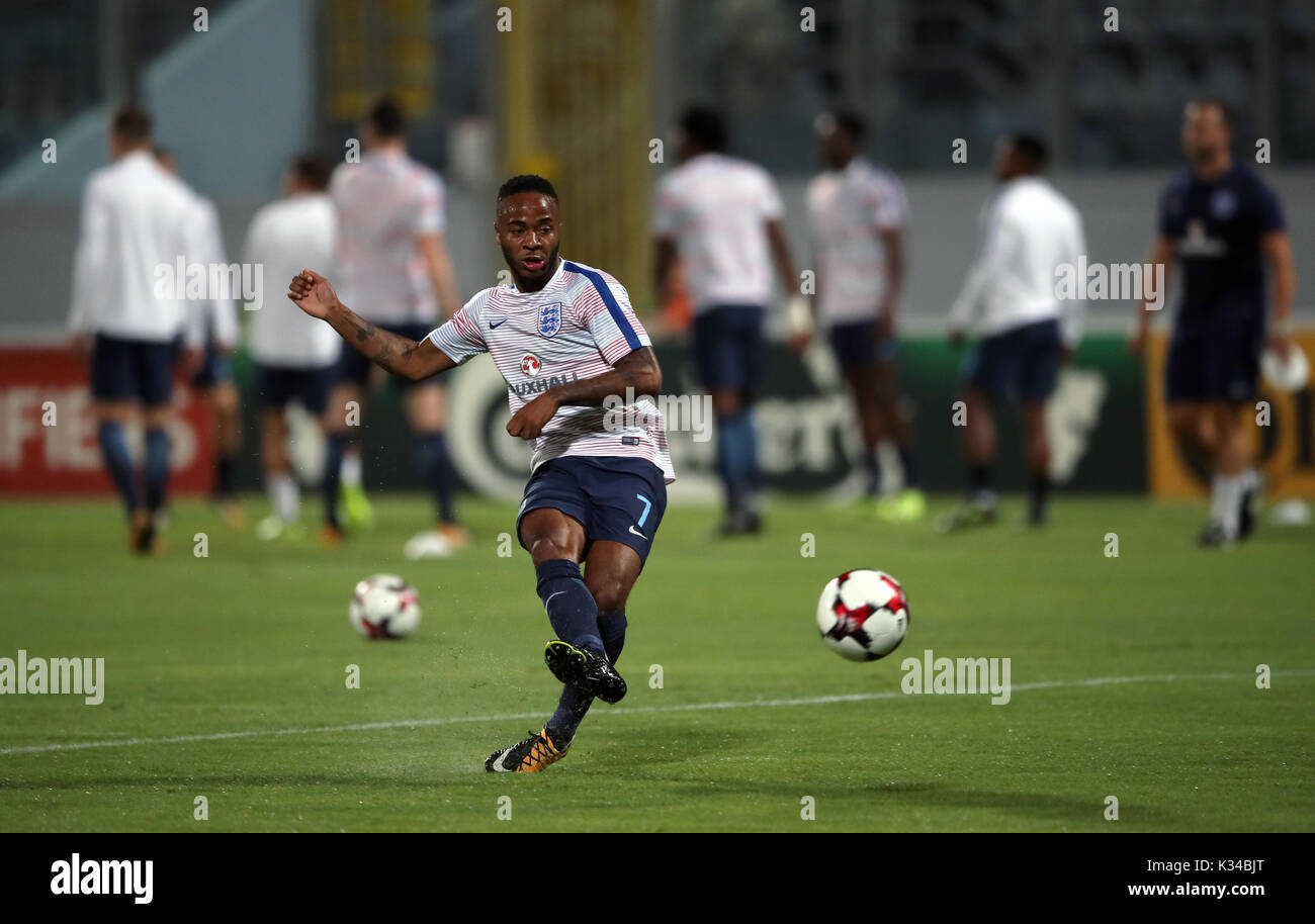 England's Raheem Sterling warms up before the 2018 FIFA World Cup Qualifying, Group F match at the National Stadium, Ta' Qali. Stock Photo