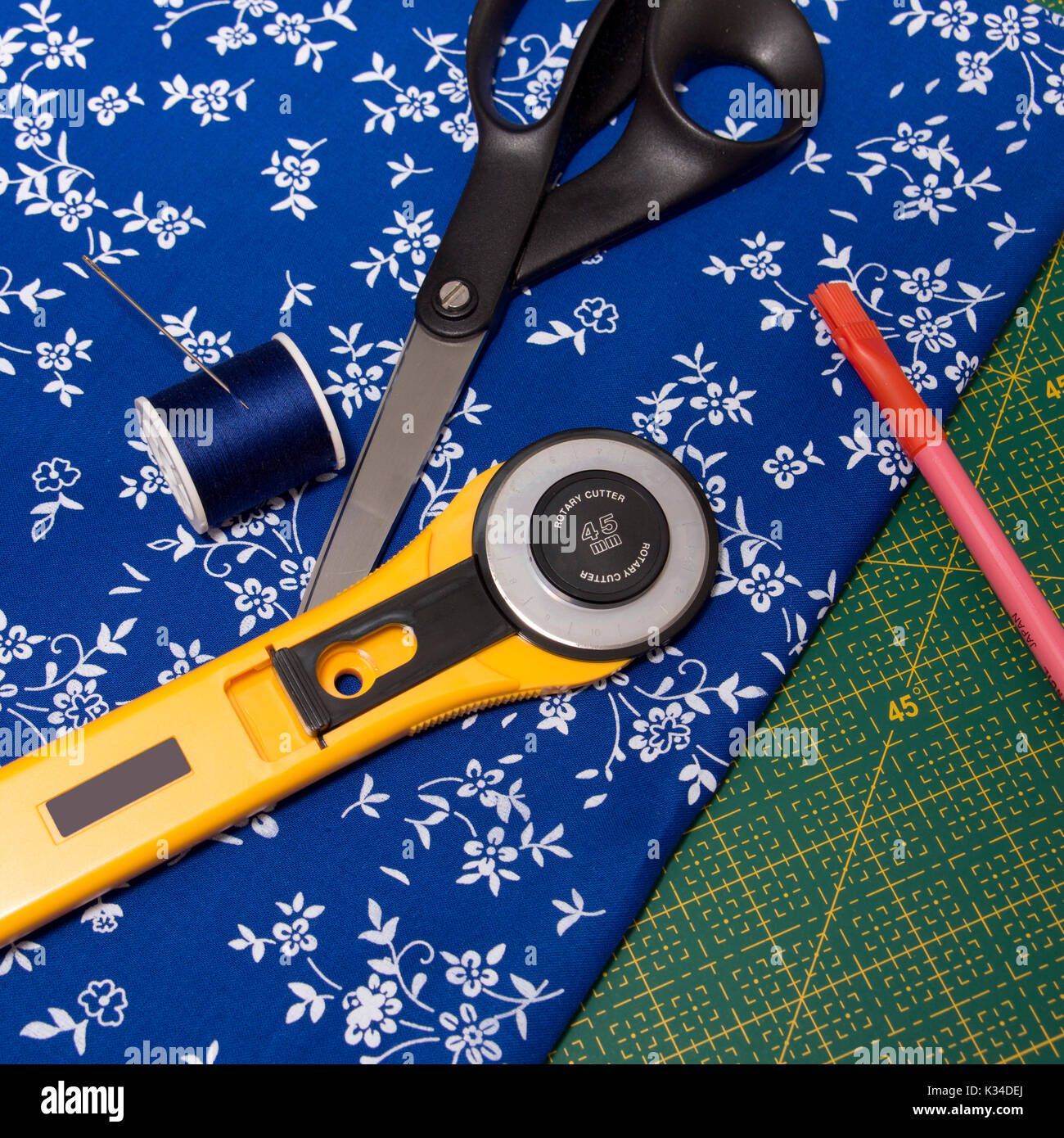 Fabric, ruler and other materials for quilting Stock Photo Alamy