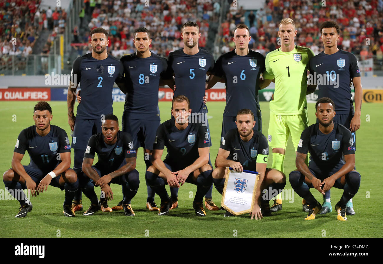 England team group (top row, from left to right) Kyle Walker, Jake Livermore, Gary Cahill, Phil Jones, goalkeeper Joe Hart, Dele Alli (bottom row from left to right) Alex Oxlade-Chamberlain, Raheem Sterling, Harry Kane, Jordan Henderson and Ryan Bertrand during the 2018 FIFA World Cup Qualifying, Group F match at the National Stadium, Ta' Qali. PRESS ASSOCIATION Photo. Picture date: Friday September 1, 2017. See PA story SOCCER Malta. Photo credit should read: Nick Potts/PA Wire. RESTRICTIONS: Use subject to FA restrictions. Editorial use only. Commercial use only with prior written consent of Stock Photo