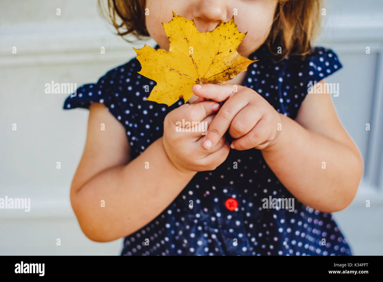 A little girl holds an yellow leaf Stock Photo - Alamy