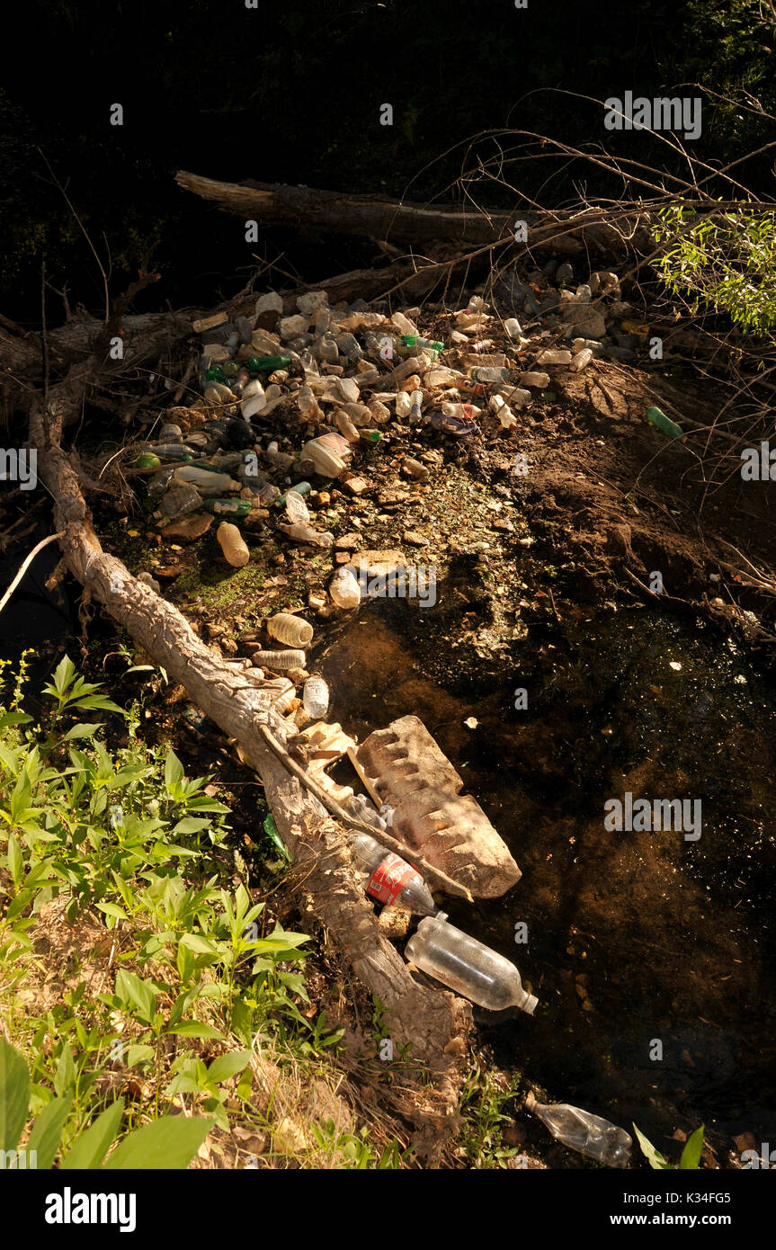 Trash accumulates in a riparian area along the the Santa Cruz River, Tubac, Arizona, USA. The Santa Cruz River is partially fed with reclaimed water. Stock Photo