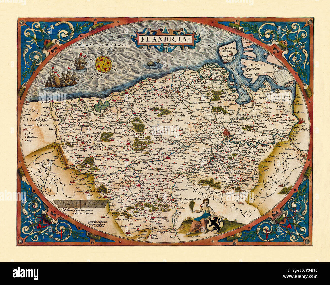 Old map of Belgium. Excellent state of preservation realized in ancient style. All the graphic composition is inside a oval frame. By Ortelius, Theatrum Orbis Terrarum, Antwerp, 1570 Stock Photo