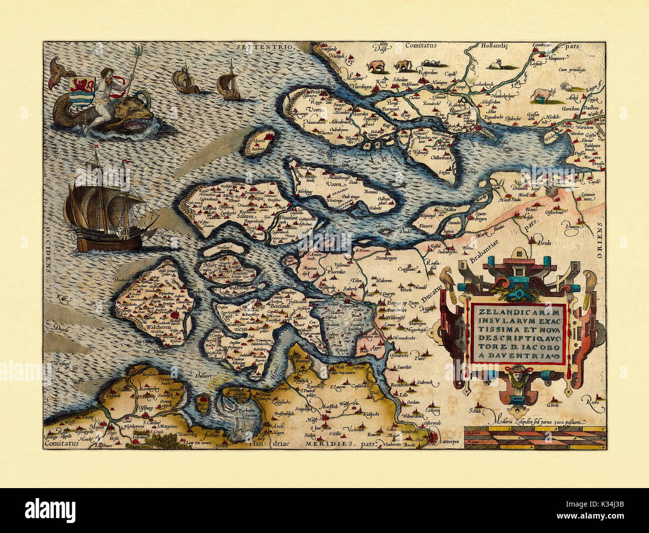 Old map of Netherlands. Excellent state of preservation realized in ancient style. All the graphic composition is inside a frame. By Ortelius, Theatrum Orbis Terrarum, Antwerp, 1570 Stock Photo