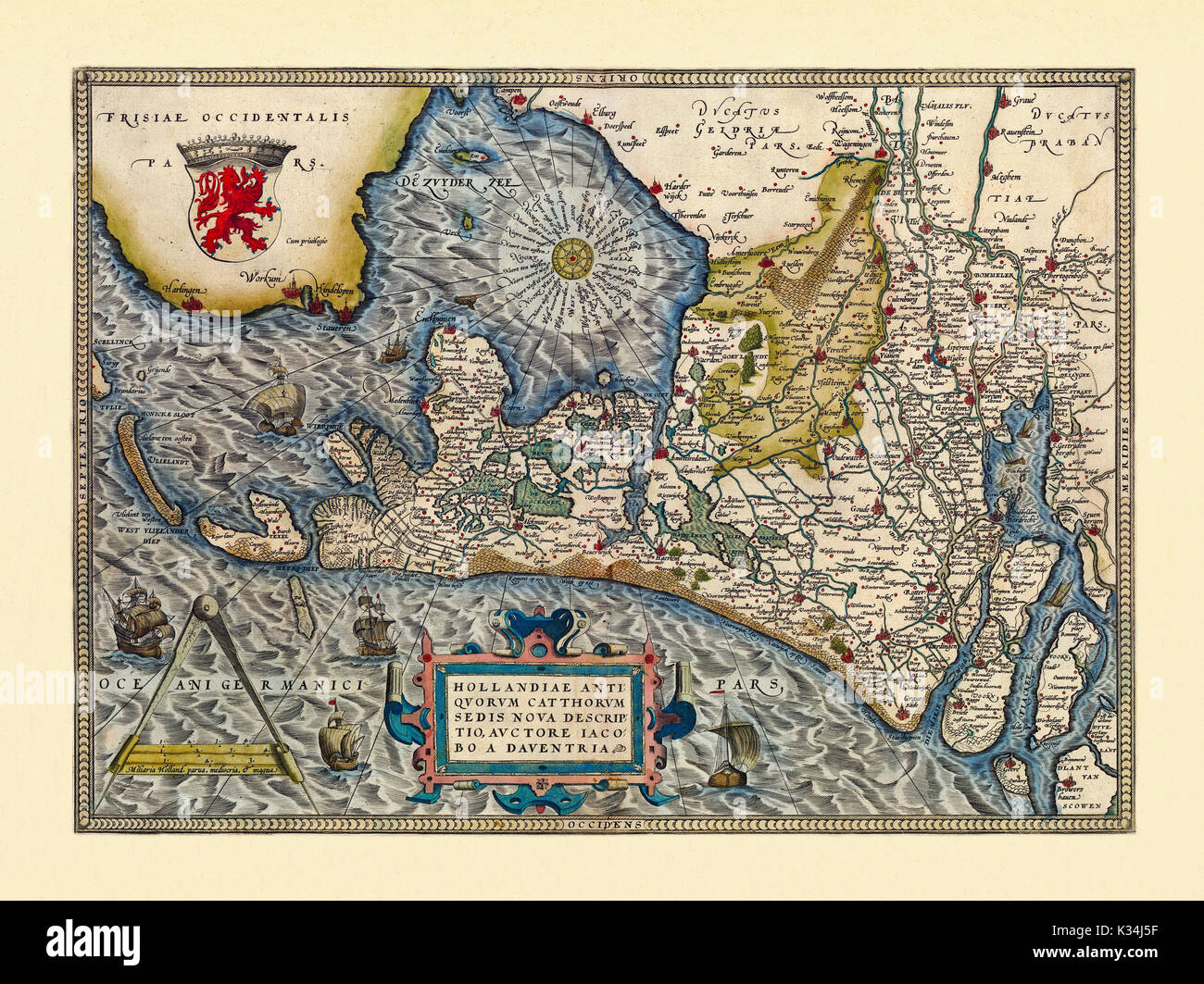Old map of Netherlands. Excellent state of preservation realized in ancient style. All the graphic composition is inside a frame. By Ortelius, Theatrum Orbis Terrarum, Antwerp, 1570 Stock Photo