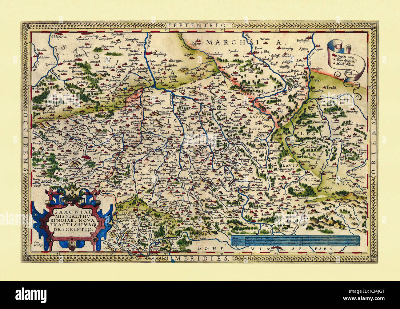 Old map of Thuringia and Saxony. Excellent state of preservation realized in ancient style. All the graphic composition is inside a frame. By Ortelius, Theatrum Orbis Terrarum, Antwerp, 1570 Stock Photo
