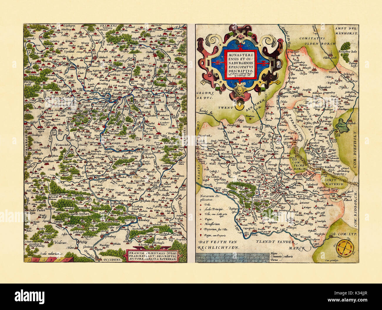 Old maps of Westphalia and Bavaria. Excellent state of preservation realized in ancient style. Side by side graphic composition. By Ortelius, Theatrum Orbis Terrarum, Antwerp, 1570 Stock Photo