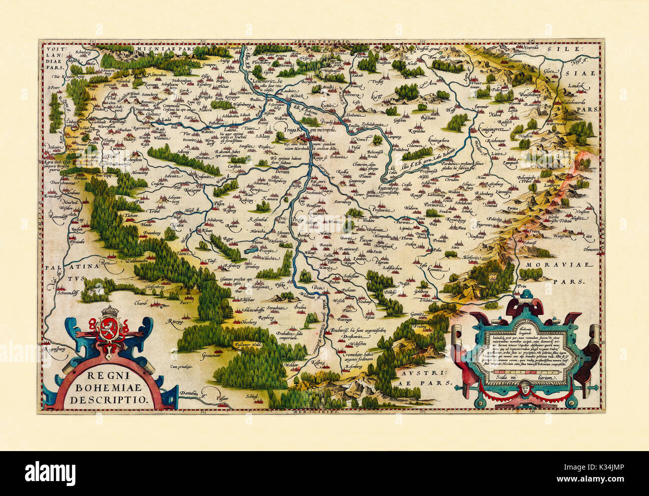 Old map of Bohemia. Excellent state of preservation realized in ancient style. All the graphic composition is inside a frame. By Ortelius, Theatrum Orbis Terrarum, Antwerp, 1570 Stock Photo