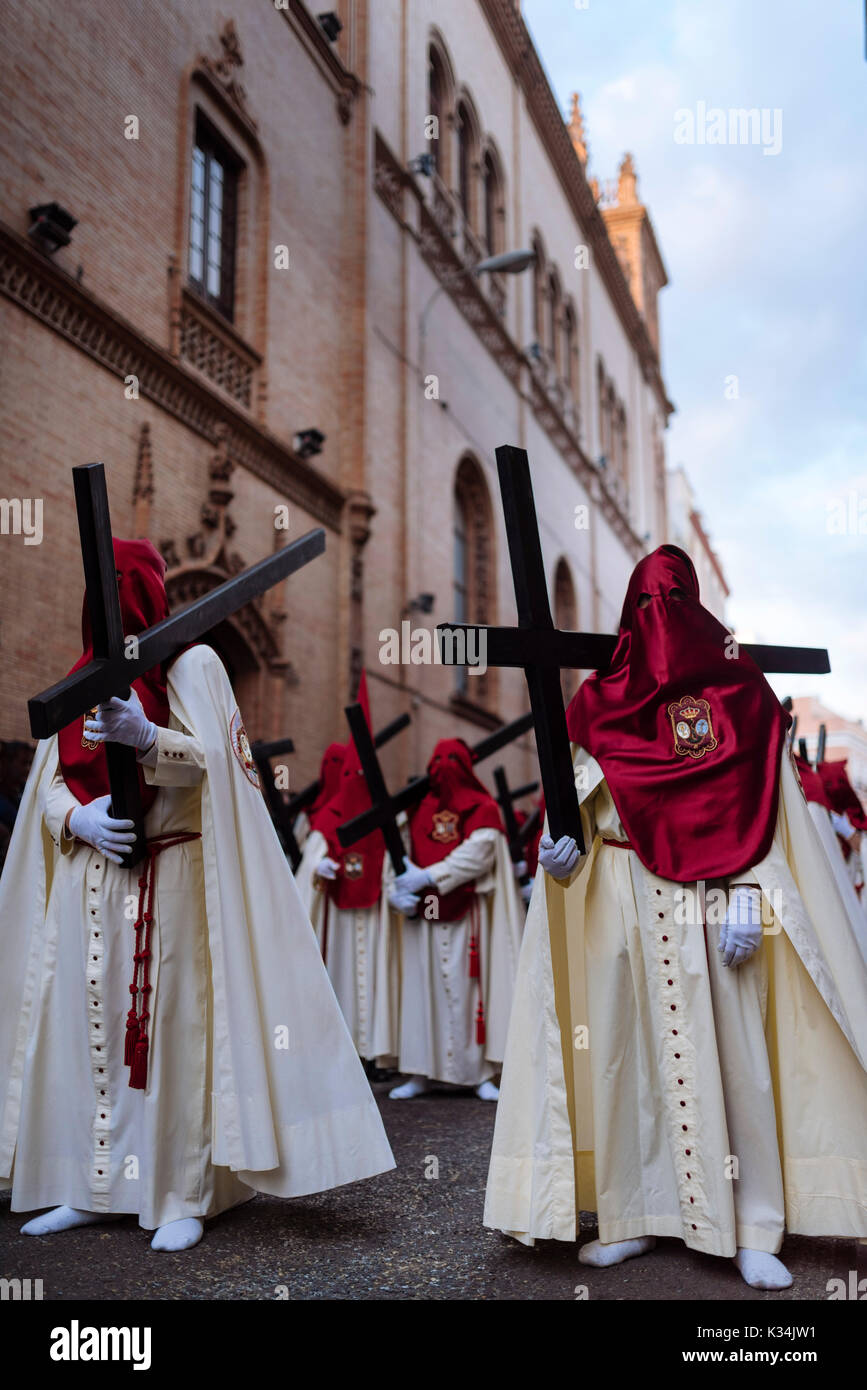 Penitents of 'La Lanzada' (The Launched) Brotherhood taking part in processions during Semana Santa (Holy Week), Seville, Andalucia, Spain Stock Photo