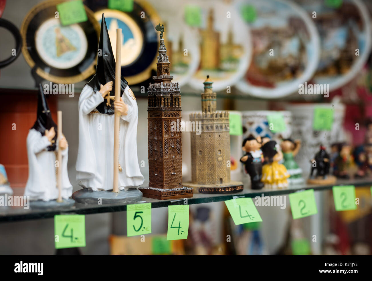 Semana Santa souvenirs on display, Seville, Andalucia, Spain Stock Photo