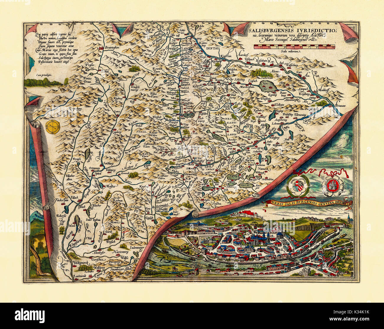 Old map of Salzburg region. Excellent state of preservation realized in ancient style. All the graphic composition is inside a frame. By Ortelius, Theatrum Orbis Terrarum, Antwerp, 1570 Stock Photo