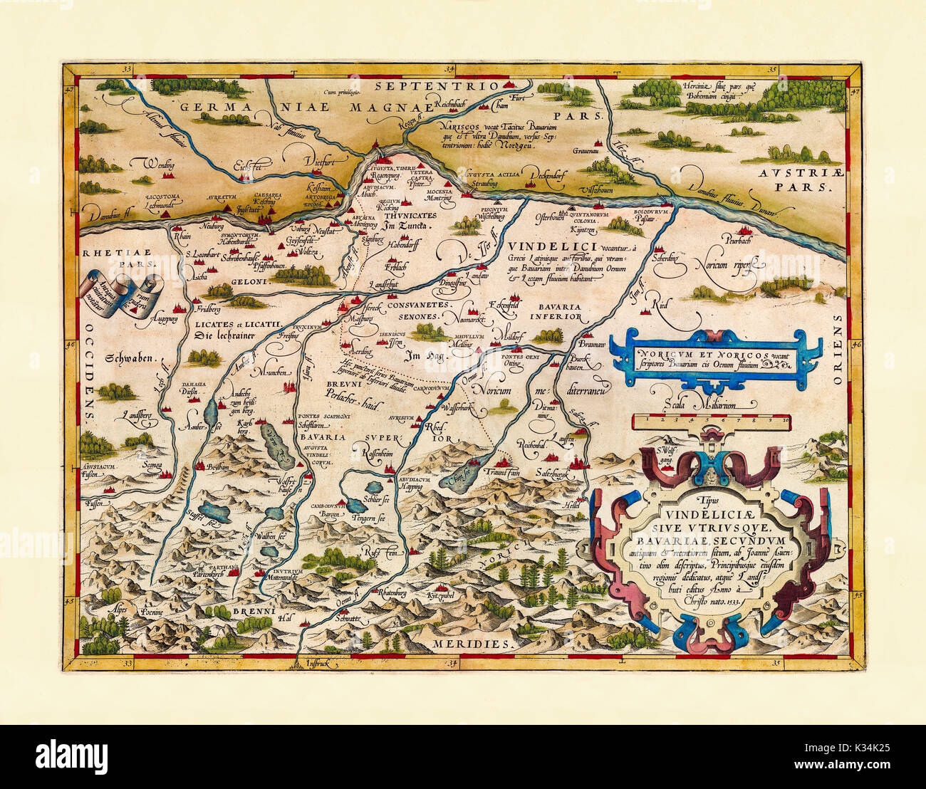 Old detailed map of Bavaria. Excellent state of preservation realized in ancient style. All the graphic composition is inside a frame. By Ortelius, Theatrum Orbis Terrarum, Antwerp, 1570 Stock Photo
