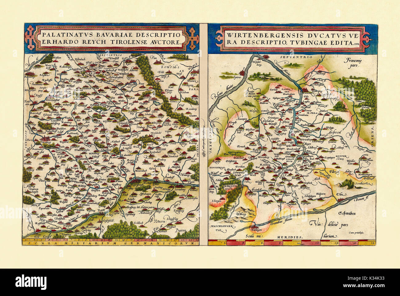 Old detailed maps of Bavaria and Baden-Wurttemberg. Excellent state of preservation realized in ancient style. Side by side graphic composition. By Ortelius, Theatrum Orbis Terrarum, Antwerp, 1570 Stock Photo