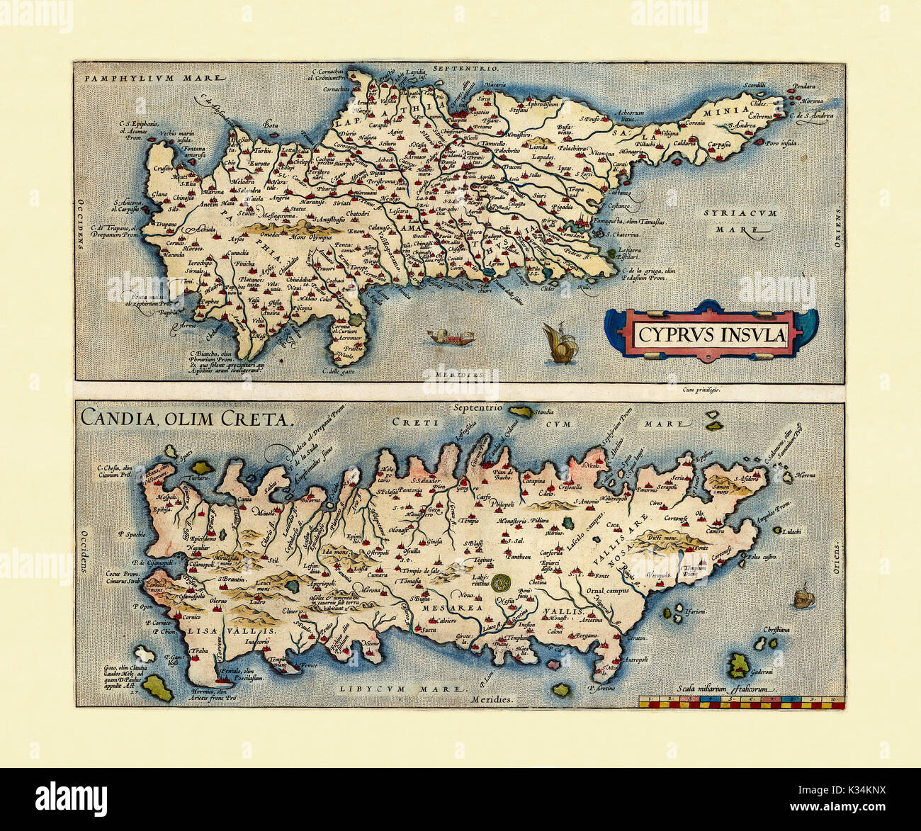 Old Maps of Cyprus and Crete. Two frames arranged side by side vertically each one with a Island inside. By Ortelius, Theatrum Orbis Terrarum, Antwerp, 1570 Stock Photo