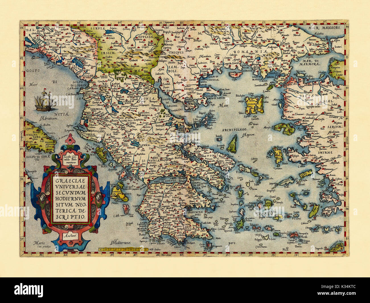 Old map of Greece. Excellent state of preservation realized in ancient style. All the graphic composition is inside a frame. By Ortelius, Theatrum Orbis Terrarum, Antwerp, 1570 Stock Photo