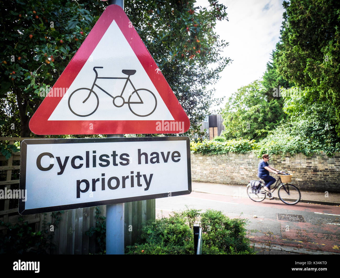 Cyclists have Priority - Safe Cycling - Sign directing cars to give way to cyclists on a busy cycle route in central Cambridge UK Stock Photo
