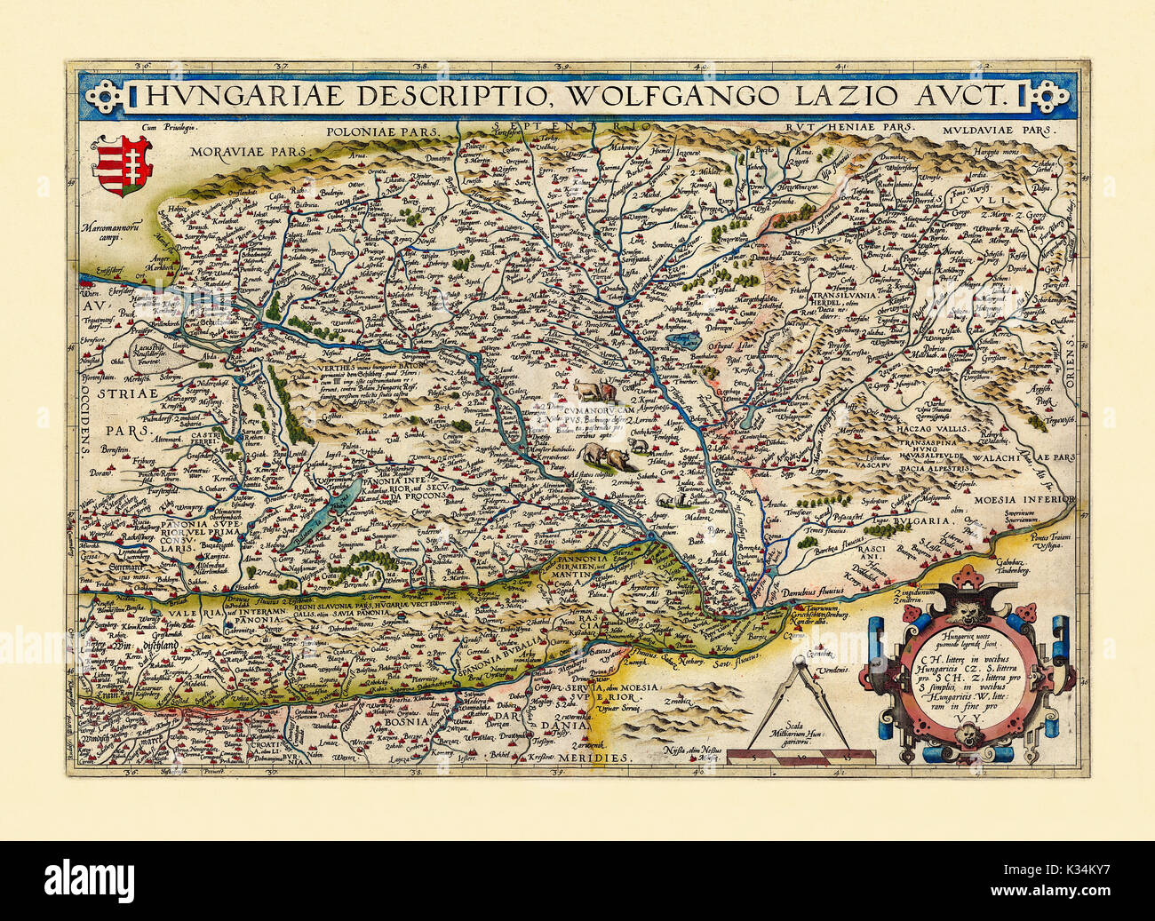 Old map of Hungary. Excellent state of preservation realized in ancient style. All the graphic composition is inside a frame. By Ortelius, Theatrum Orbis Terrarum, Antwerp, 1570 Stock Photo