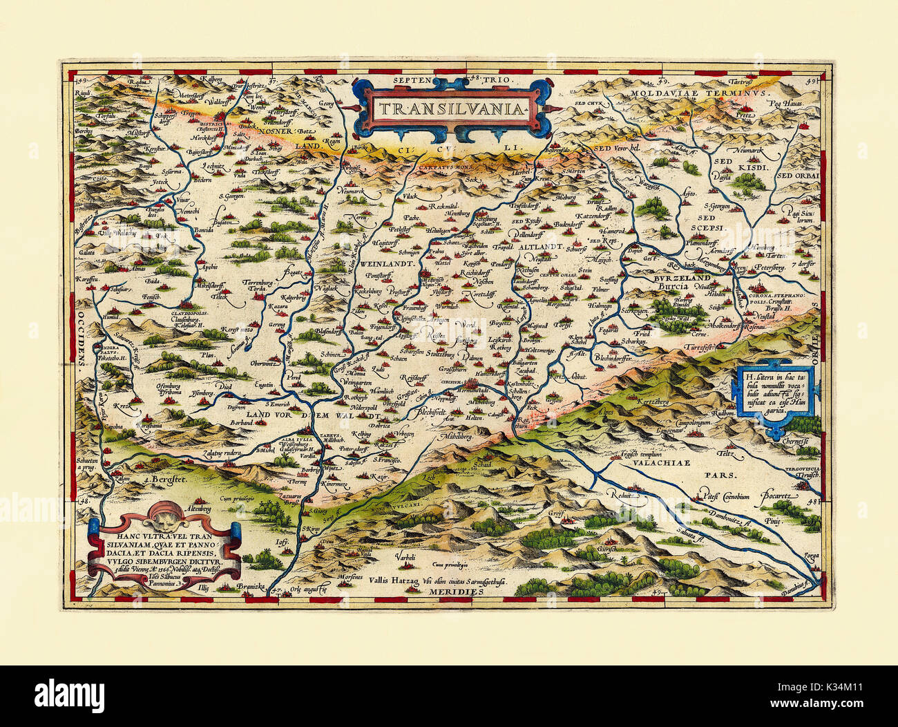 Old map of Transilvania. Excellent state of preservation realized in ancient style. All the graphic composition is inside a frame. By Ortelius, Theatrum Orbis Terrarum, Antwerp, 1570 Stock Photo