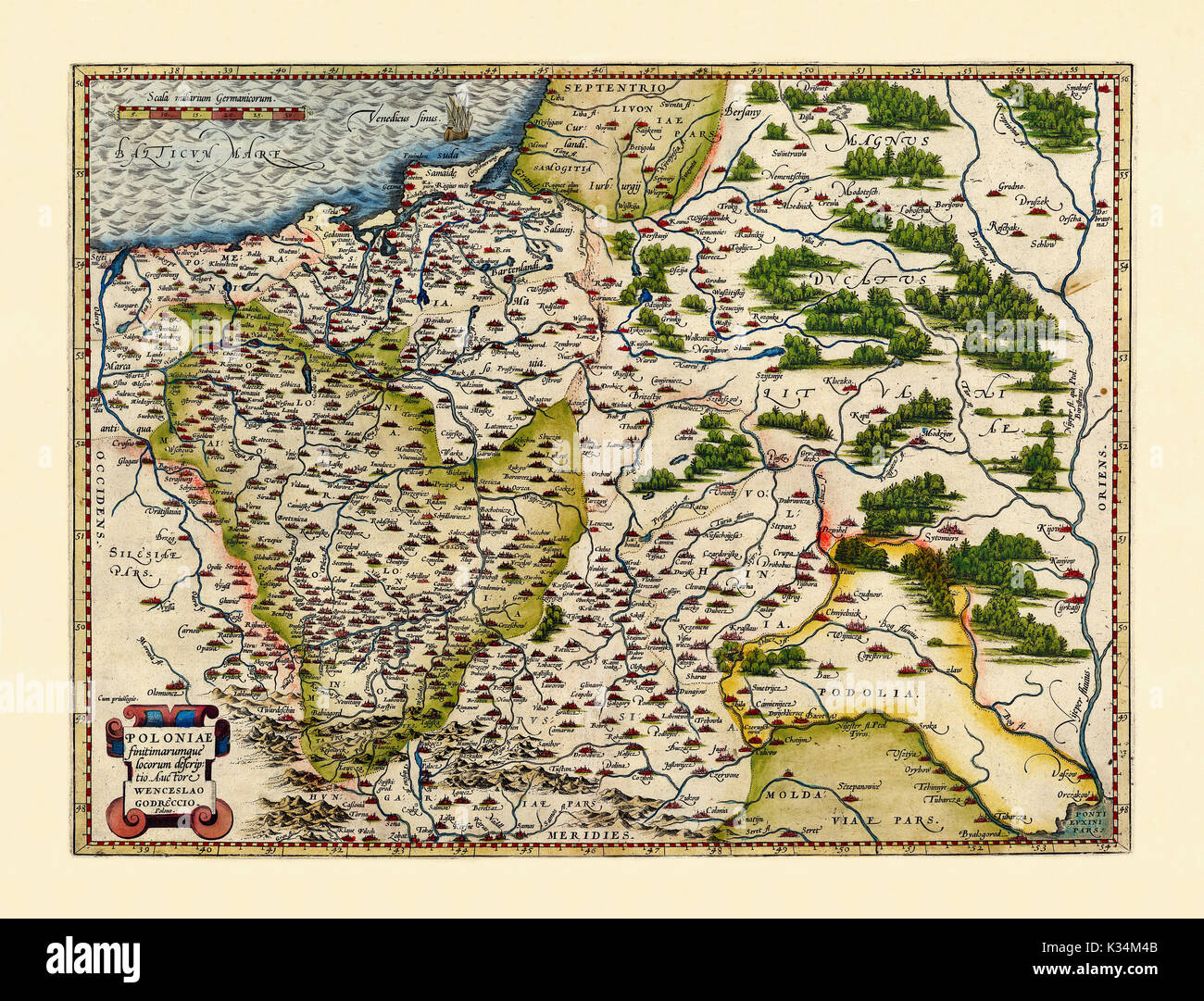 Old map of Poland. Excellent state of preservation realized in ancient style. All the graphic composition is inside a frame. By Ortelius, Theatrum Orbis Terrarum, Antwerp, 1570 Stock Photo