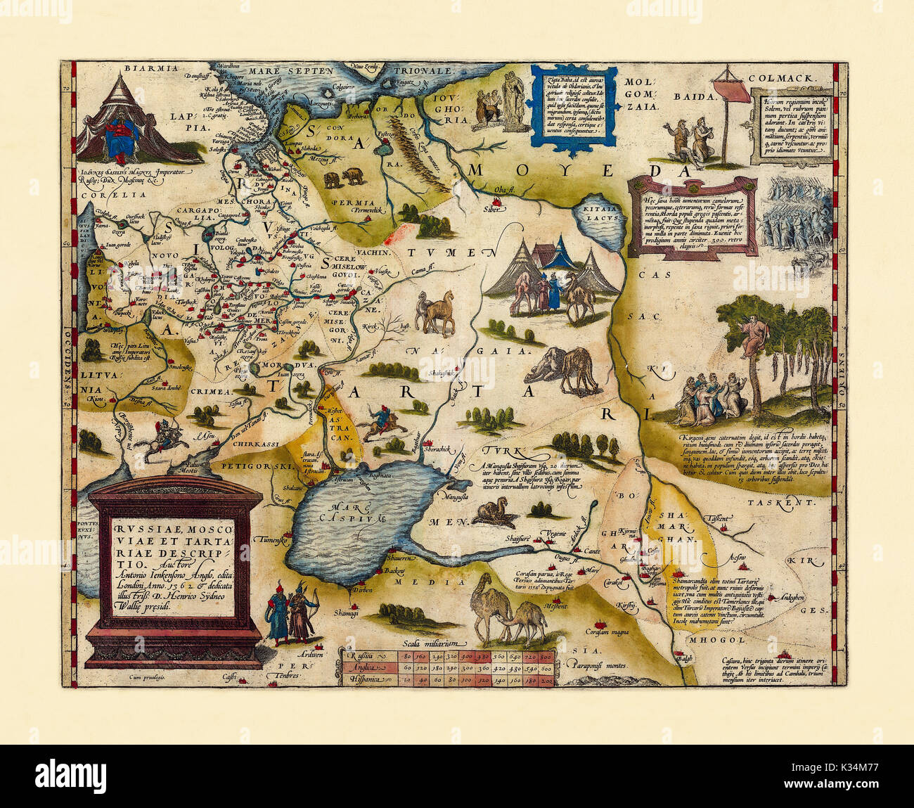 Old map of Russia. Excellent state of preservation realized in ancient style. All the graphic composition is rich of old illustrations. By Ortelius, Theatrum Orbis Terrarum, Antwerp, 1570 Stock Photo