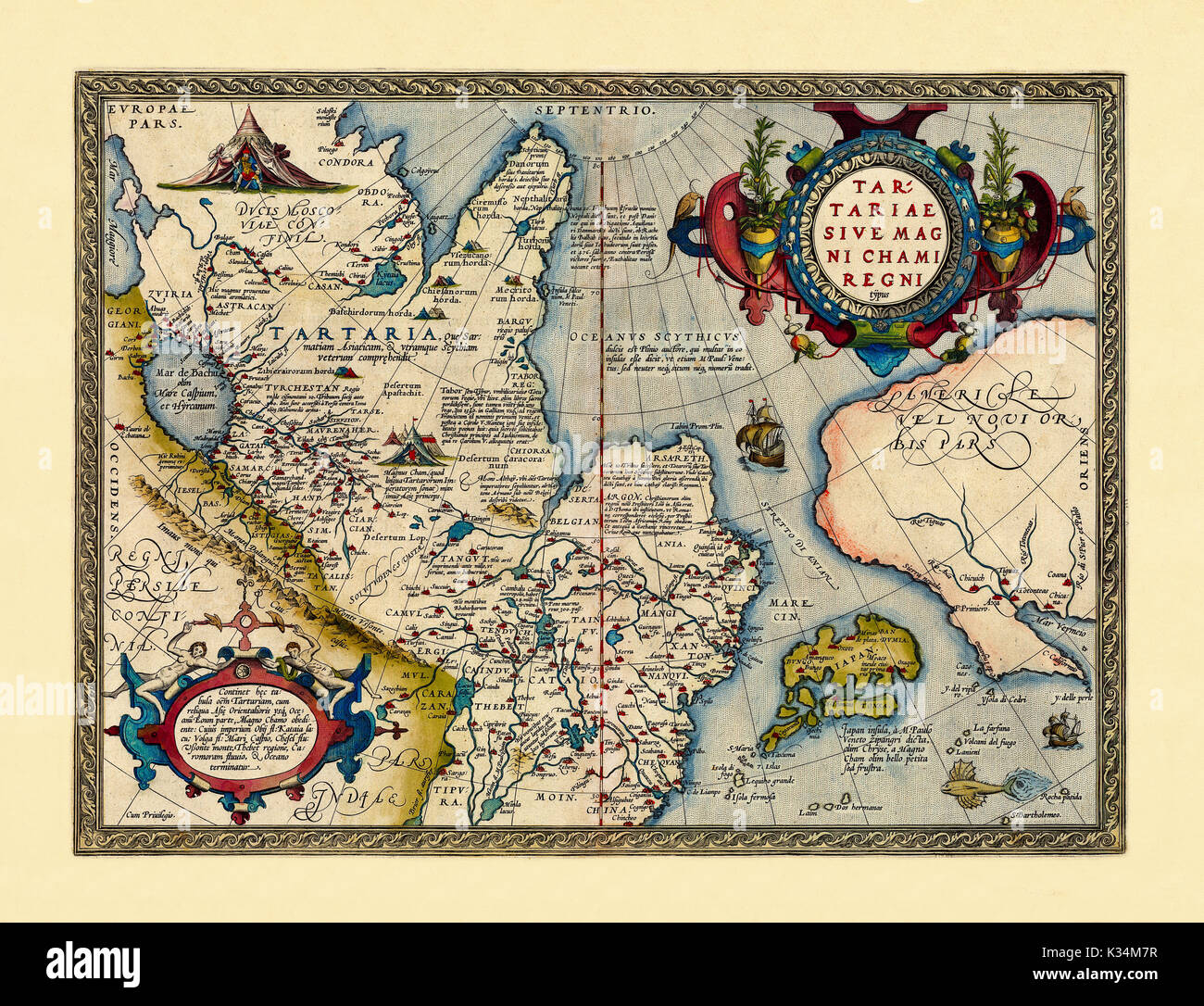 Old map of Easter Russia. Excellent state of preservation realized in ancient style. All the graphic composition is inside a frame. By Ortelius, Theatrum Orbis Terrarum, Antwerp, 1570 Stock Photo