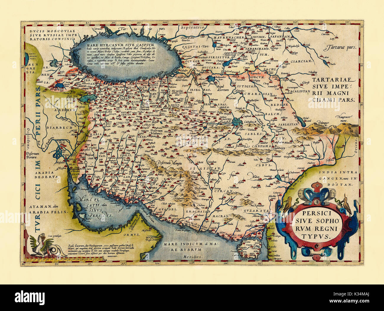 Old map of Persia. Excellent state of preservation realized in ancient style. All the graphic composition is inside a frame. By Ortelius, Theatrum Orbis Terrarum, Antwerp, 1570 Stock Photo