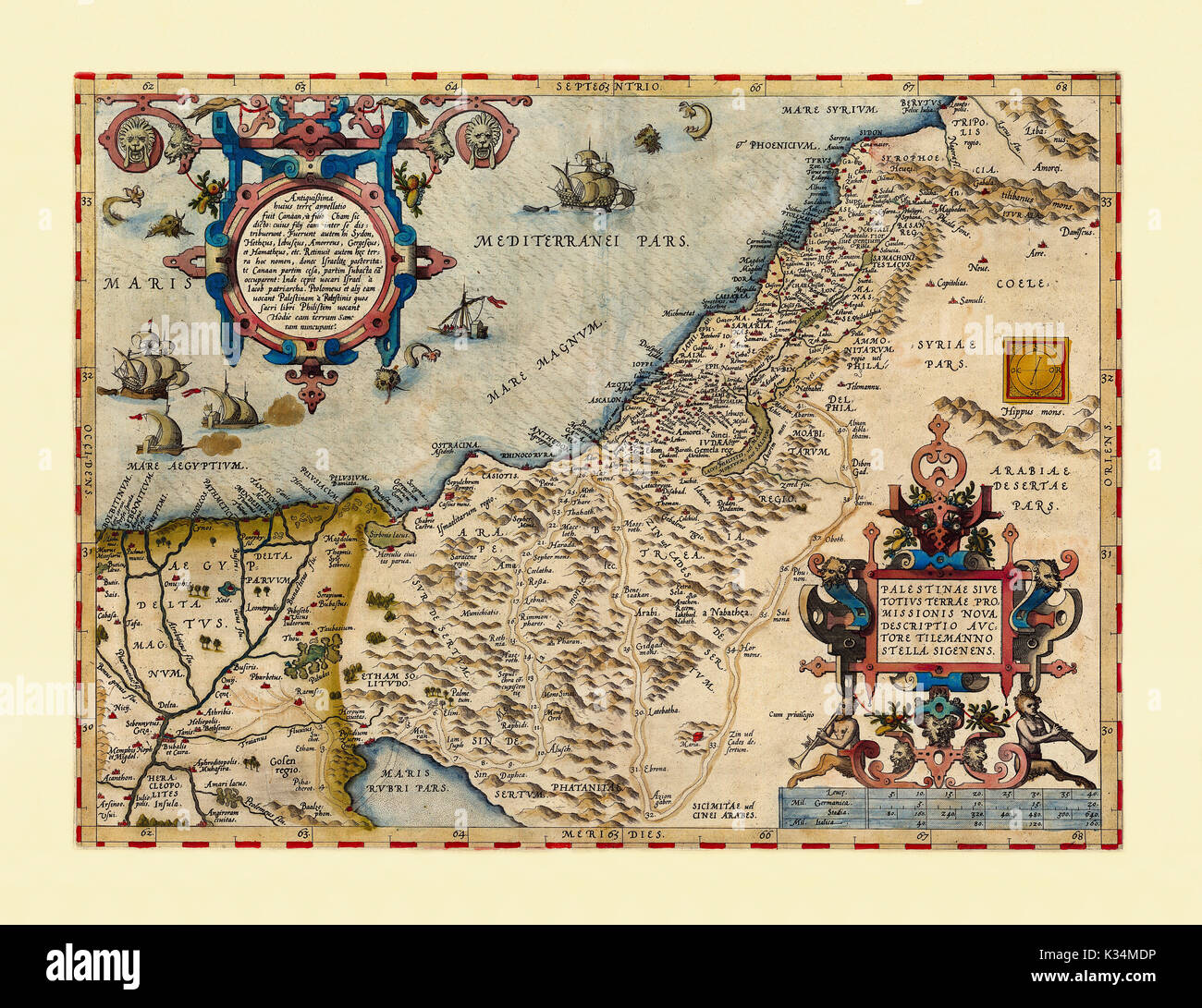 Old map of Palestina. Excellent state of preservation realized in ancient style. All the graphic composition is inside a frame. By Ortelius, Theatrum Orbis Terrarum, Antwerp, 1570 Stock Photo