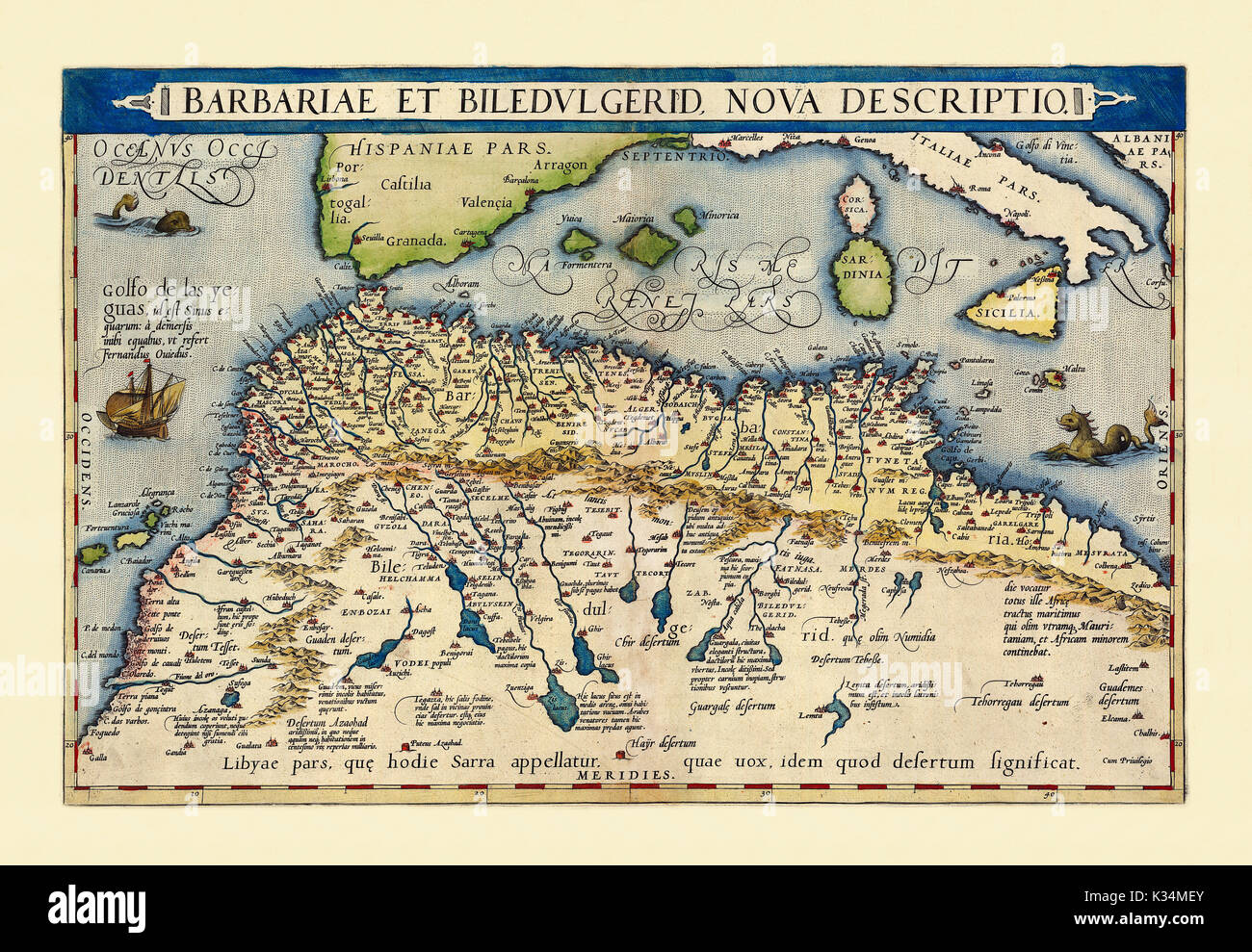 Old map of North Africa. Excellent state of preservation realized in ancient style. All the graphic composition is inside a frame. By Ortelius, Theatrum Orbis Terrarum, Antwerp, 1570 Stock Photo