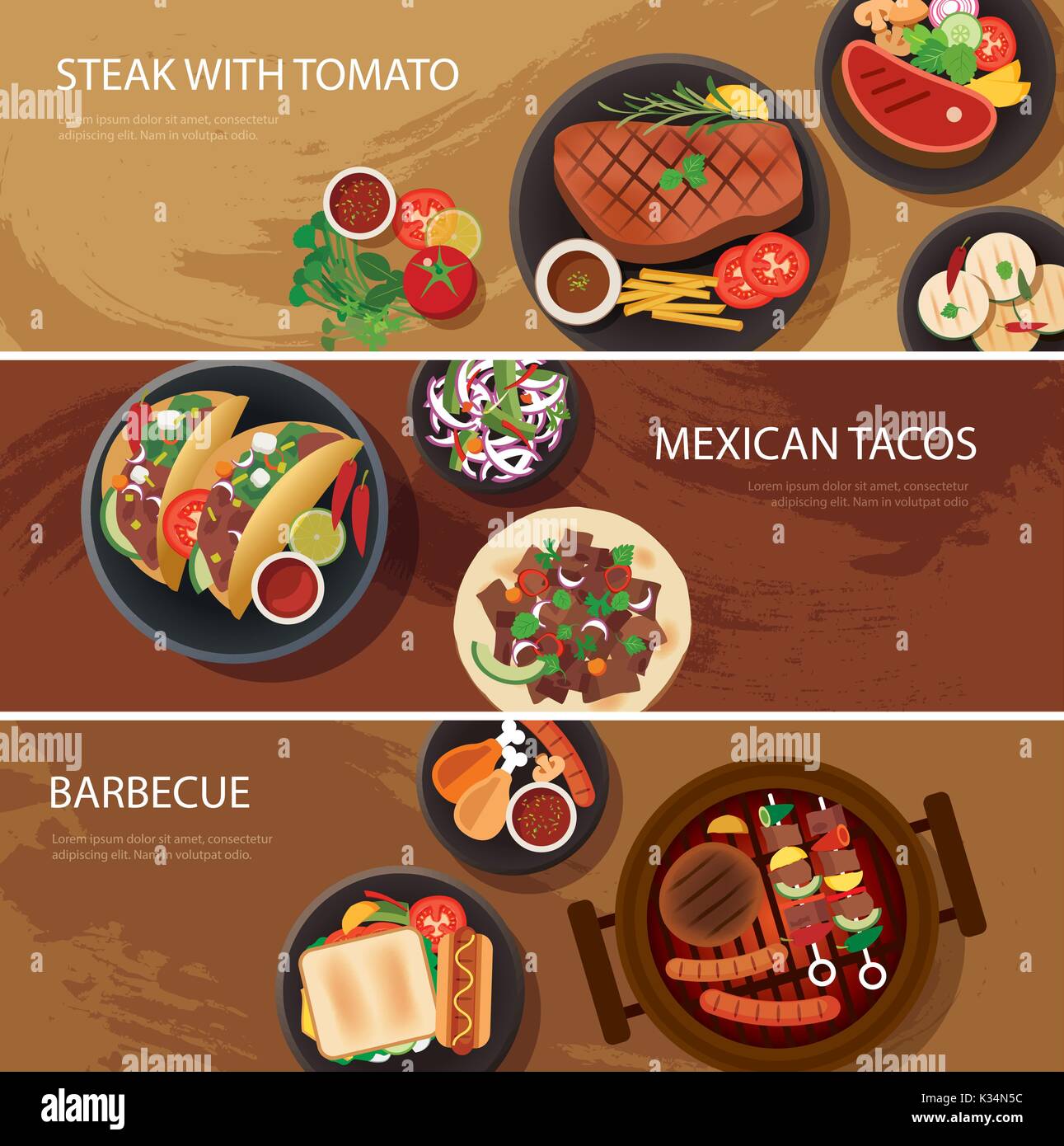 street food web banner, steak , mexican tacos, barbecue Stock Vector