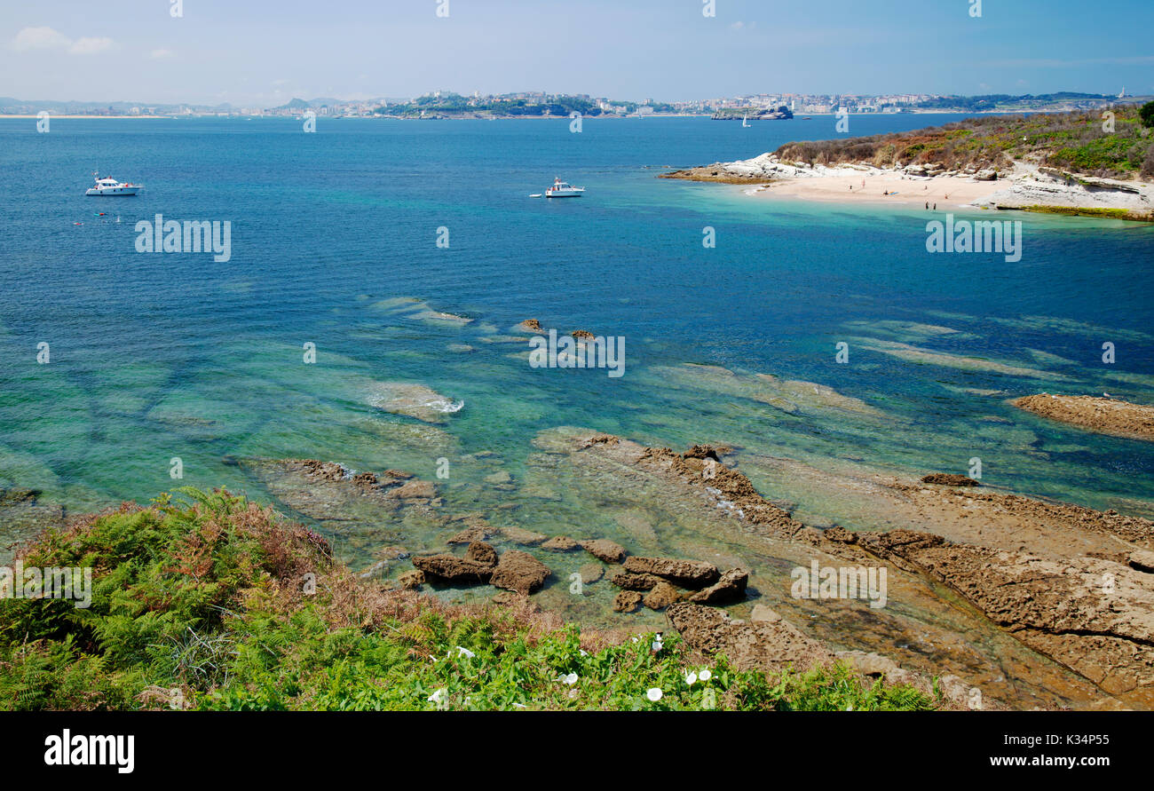 Bay of Satander, Cantabria, Spain, View from the edge of Playa de Loredo towards small island La Isla de Santa Marina Stock Photo