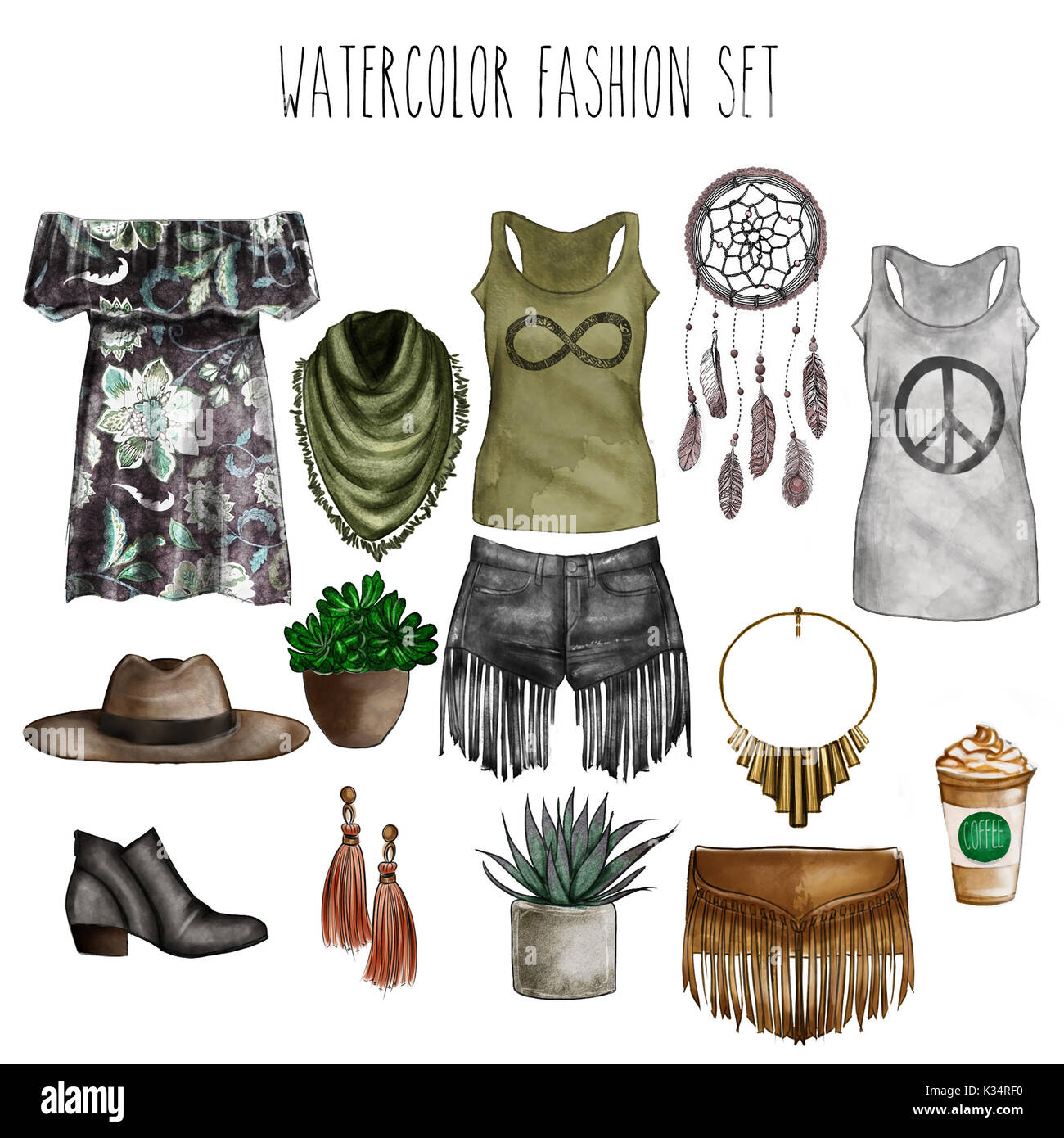Watercolor Digital Illustration - Watercolor Fashion Clip Art Set - Wardrobe Essentials - Woman Apparel - Flat Fashion Sketch Stock Photo - Alamy