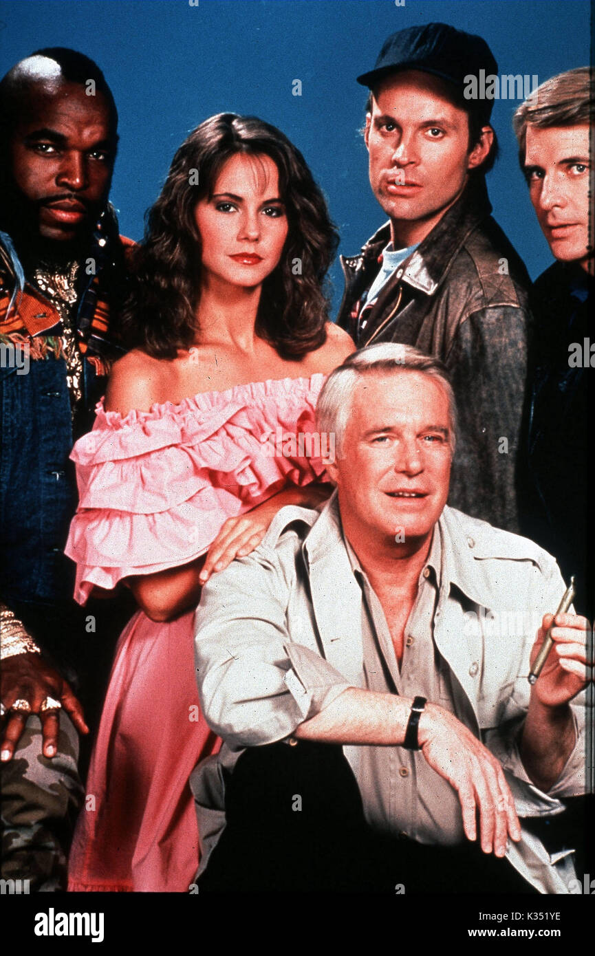 THE A-TEAM MR T, , DWIGHT SCHULTZ, DIRK BENEDICT front: GEORGE PEPPARD Stock Photo