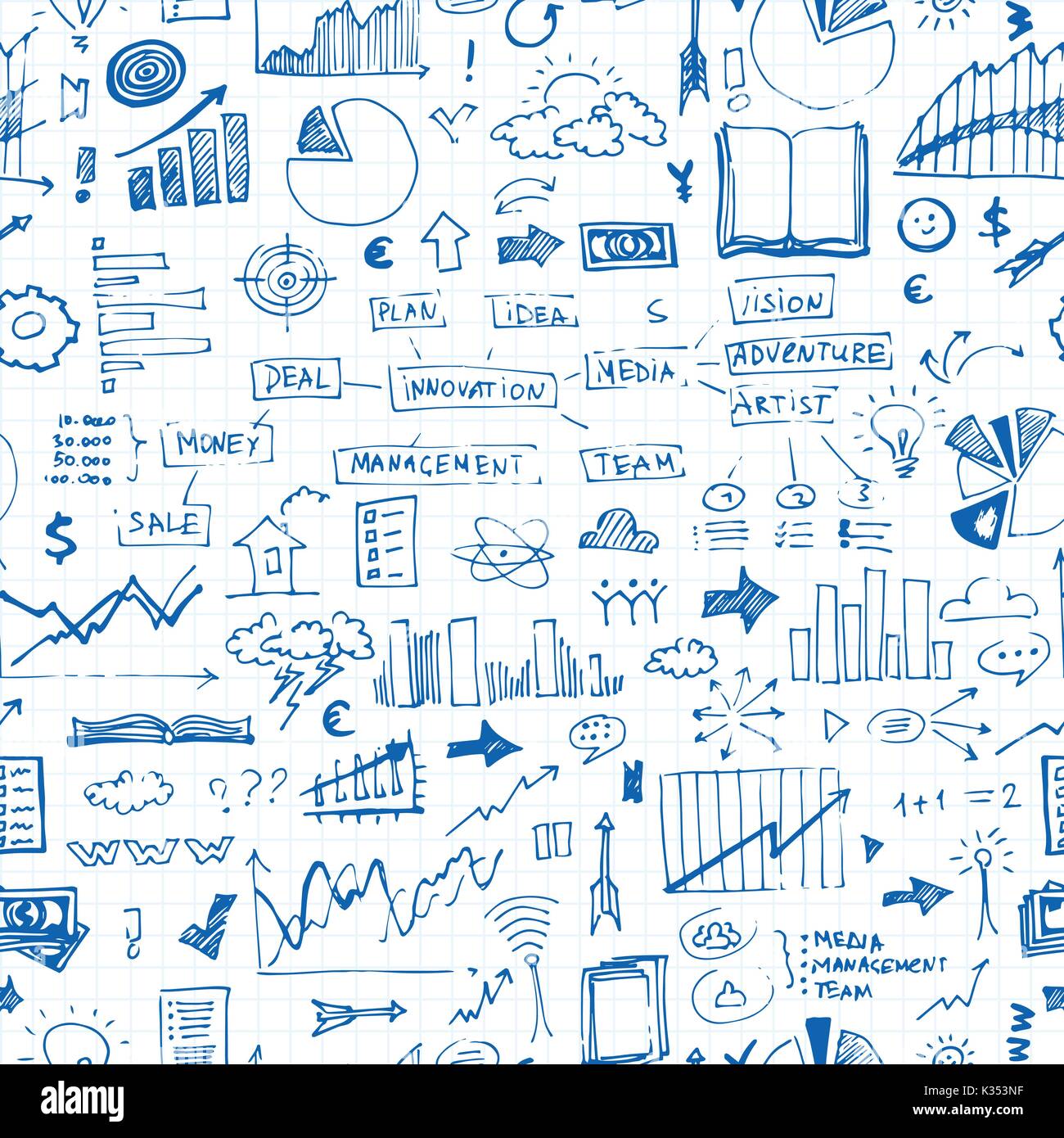 Business doodles seamless pattern. Success elements on endless background Stock Vector