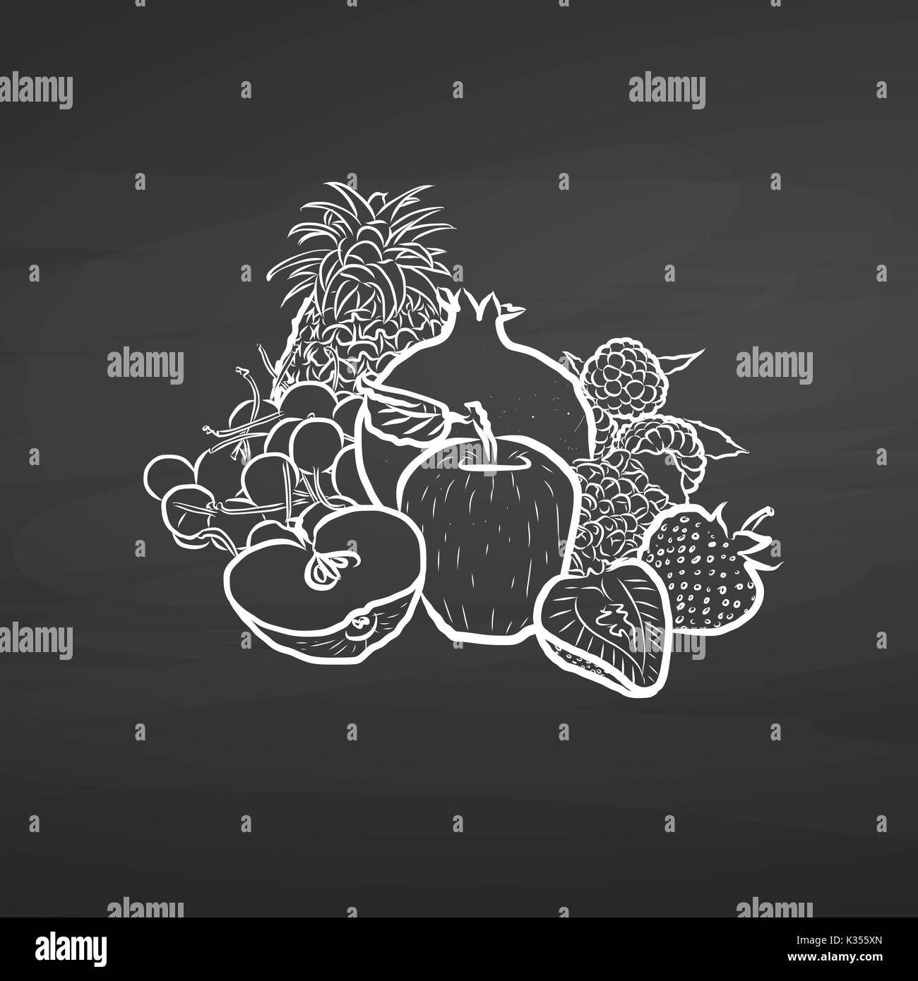 Hand drawn fruits on chalkboard. Hand drawn healthy food sketch. Black