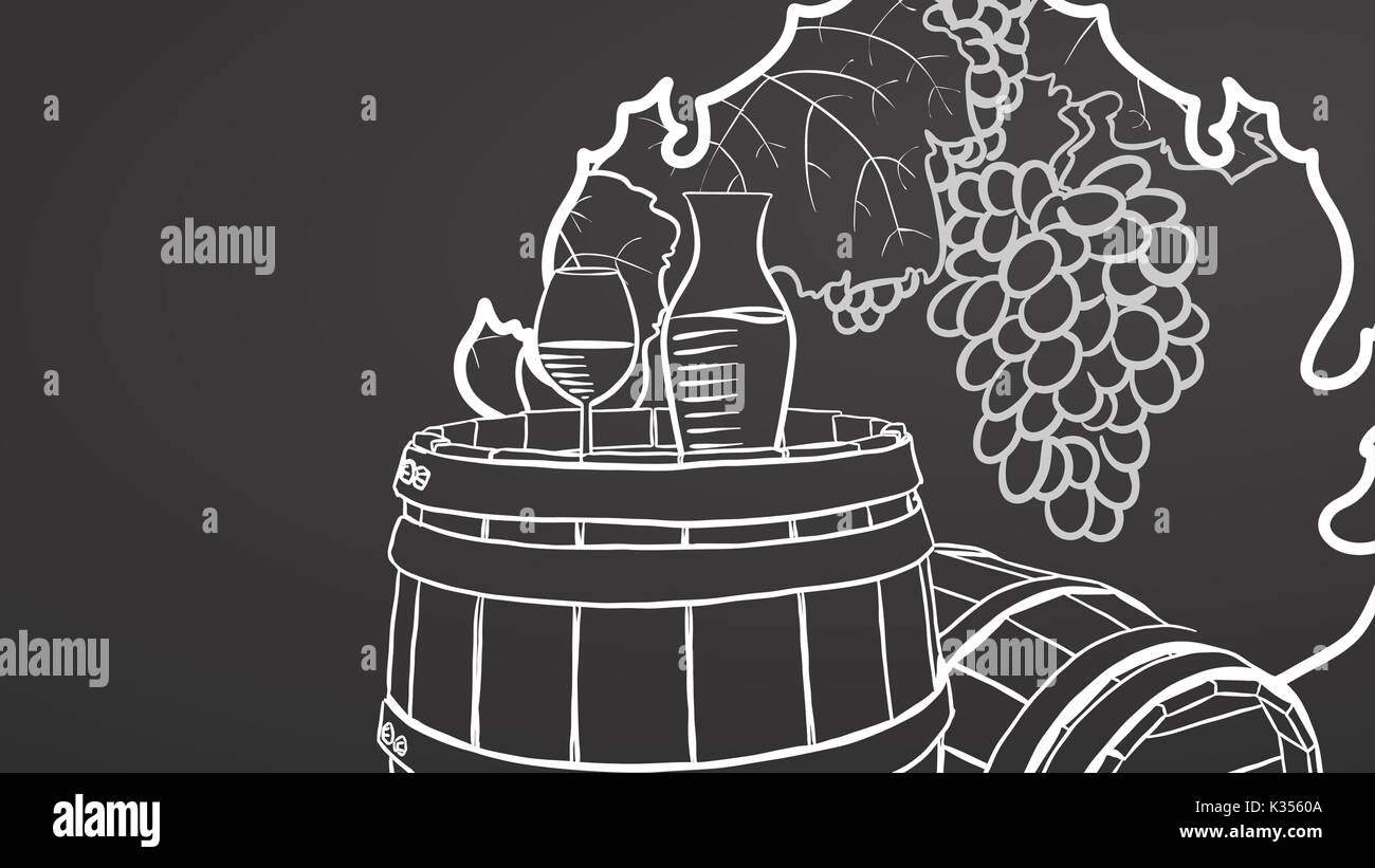 Wine on barrel. Grapes in Leaf Sign. Hand drawn healthy food sketch. Black and White Vector Drawing on Blackboard. Stock Vector