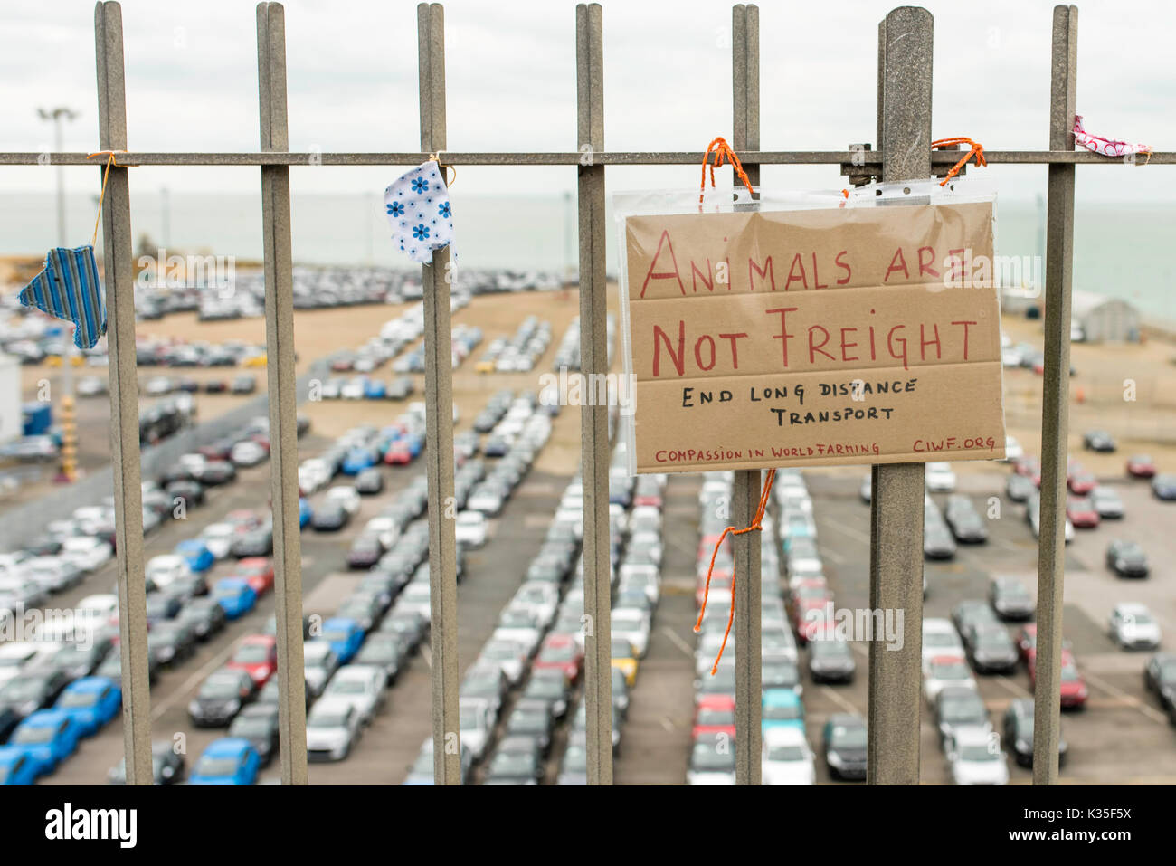 A cardboard sign for Compassion in World Farming tied to the railings above the Port of Ramsgate. Stock Photo