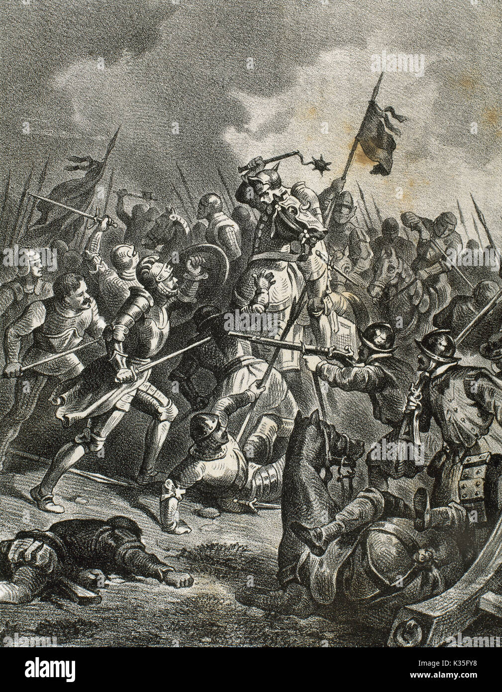 The Italian War of 1542-1546. Battle of Ceresole, 11 April, 1544. The French army, commanded by François de Bourbon (1519-1546), Count of Enghien, defeated the combined forces of the Holy Roman Empire and Spain, commanded by Alfonso d'Avalos d'Aquino (1502-1546), Marquis del Vasto. Engraving. Stock Photo