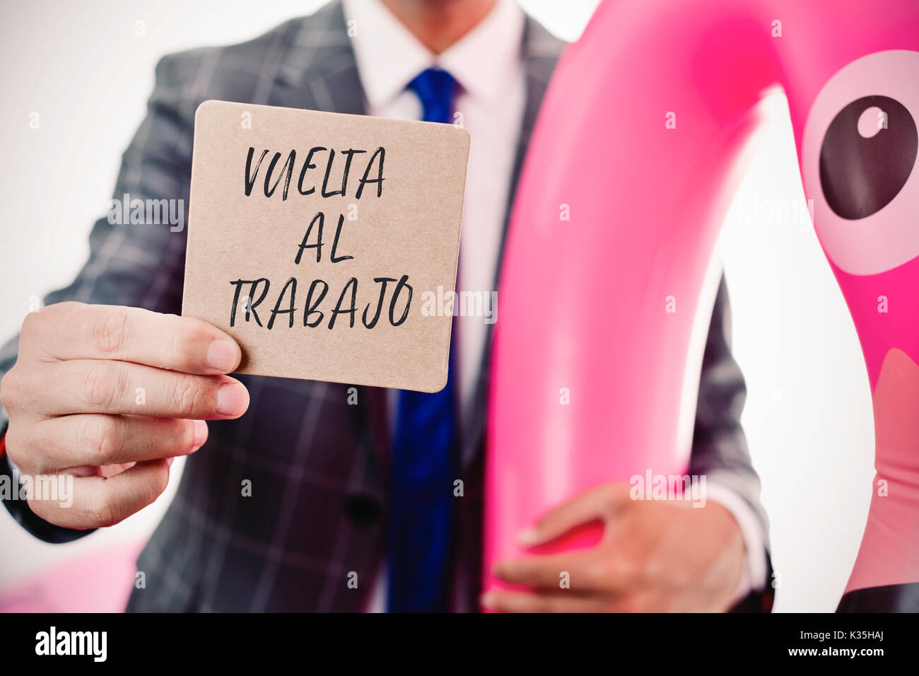 closeup of a young caucasian businessman wearing a swim ring in the shape of a pink flamingo showing a brown signboard with the text vuelta al trabajo Stock Photo