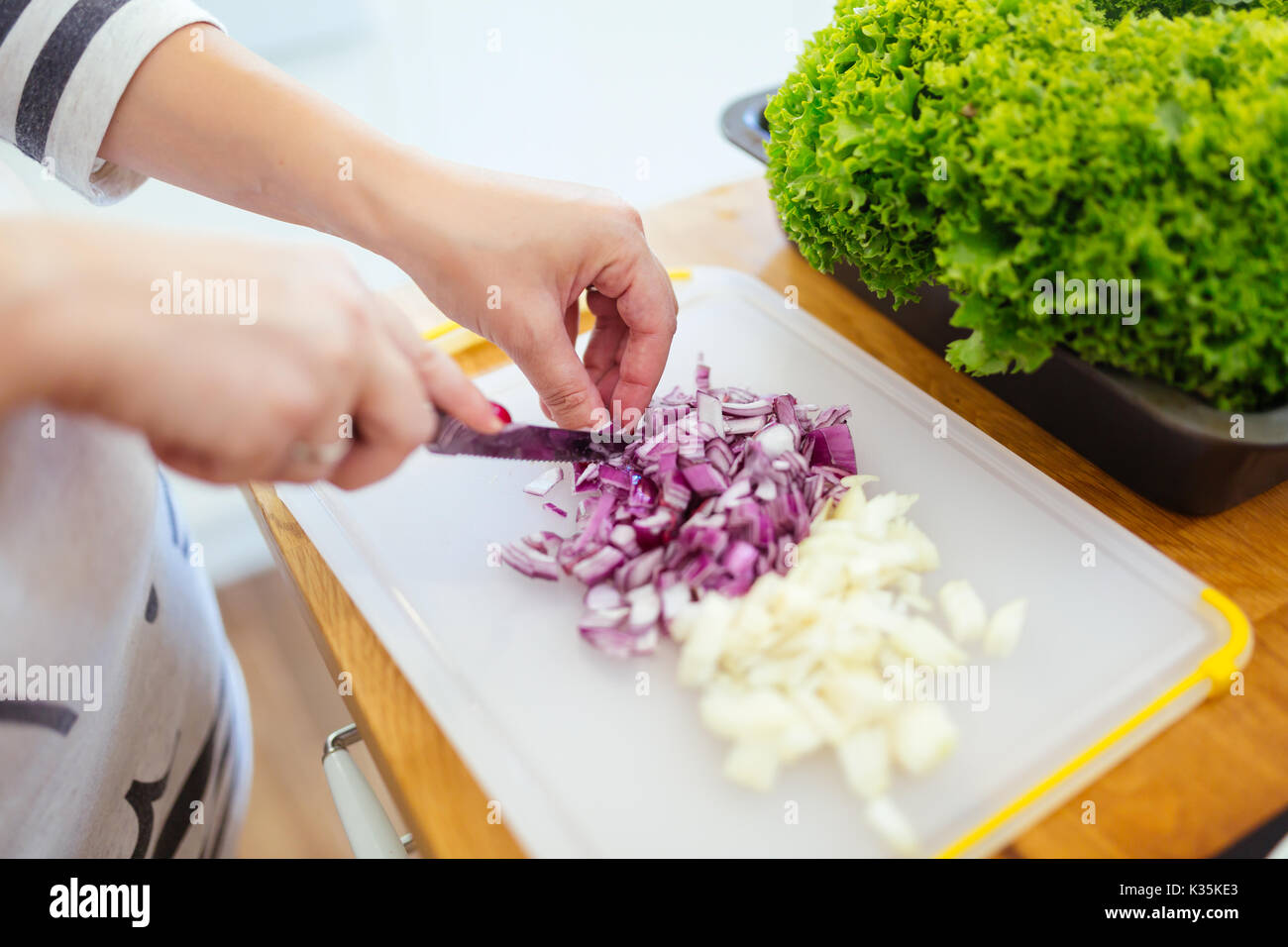 Woman chopping onions Stock Photo Alamy
