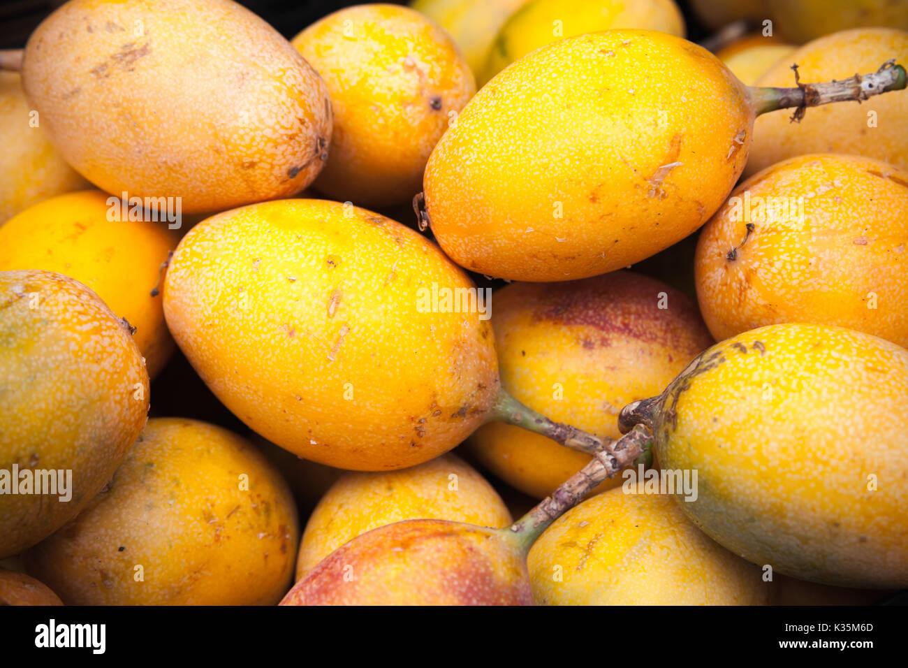 Yellow passion fruits lay on the counter of street food market on Madeira island, Portugal. Close-up photo with selective focus Stock Photo